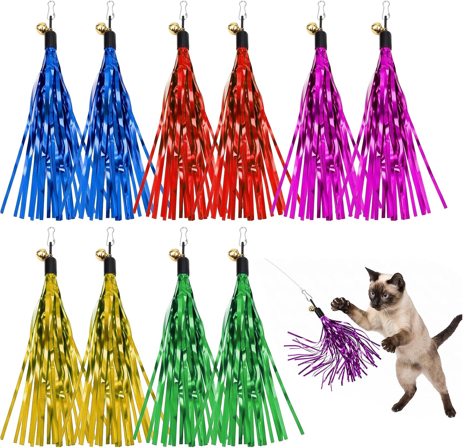 10 Pcs Cat Wand Toy Replacement with Bell Metallic Foil Tassel, Interactive Catcher Teaser for Indoor Pet Kitten Playing (Multi Colored)