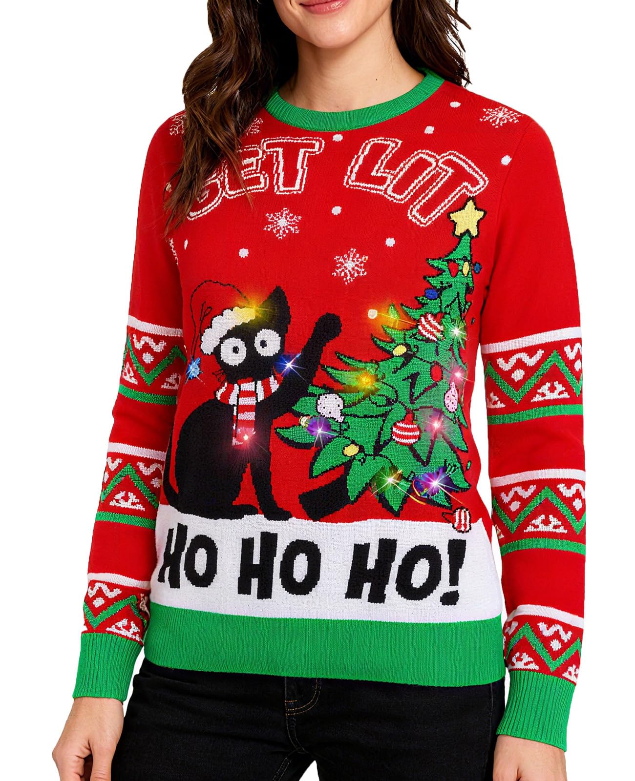 RAISEVERN Ugly Christmas Sweater for Women Light Up Knitted Pullover Xmas LED Long Sleeve Sweaters
