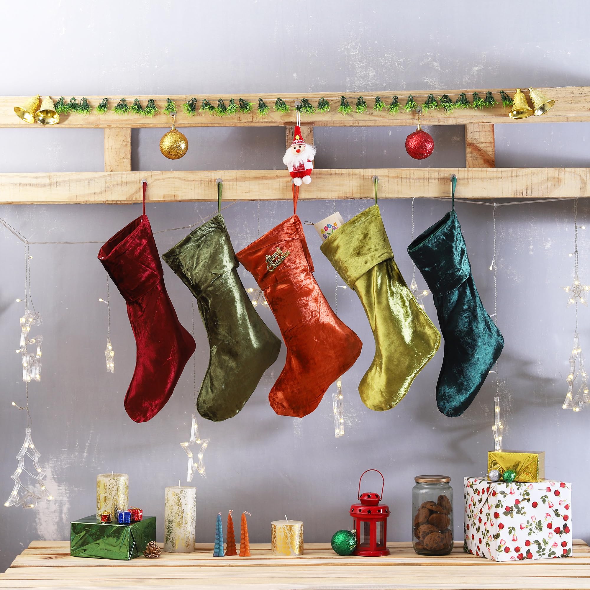 Weihnachts-Samtstrümpfe, 5 Stück, groß, 45,7 cm, Weihnachtsstrümpfe mit Aufhängeschlaufen, ästhetisch, rustikal, Weihnachtsdekoration für den Kamin