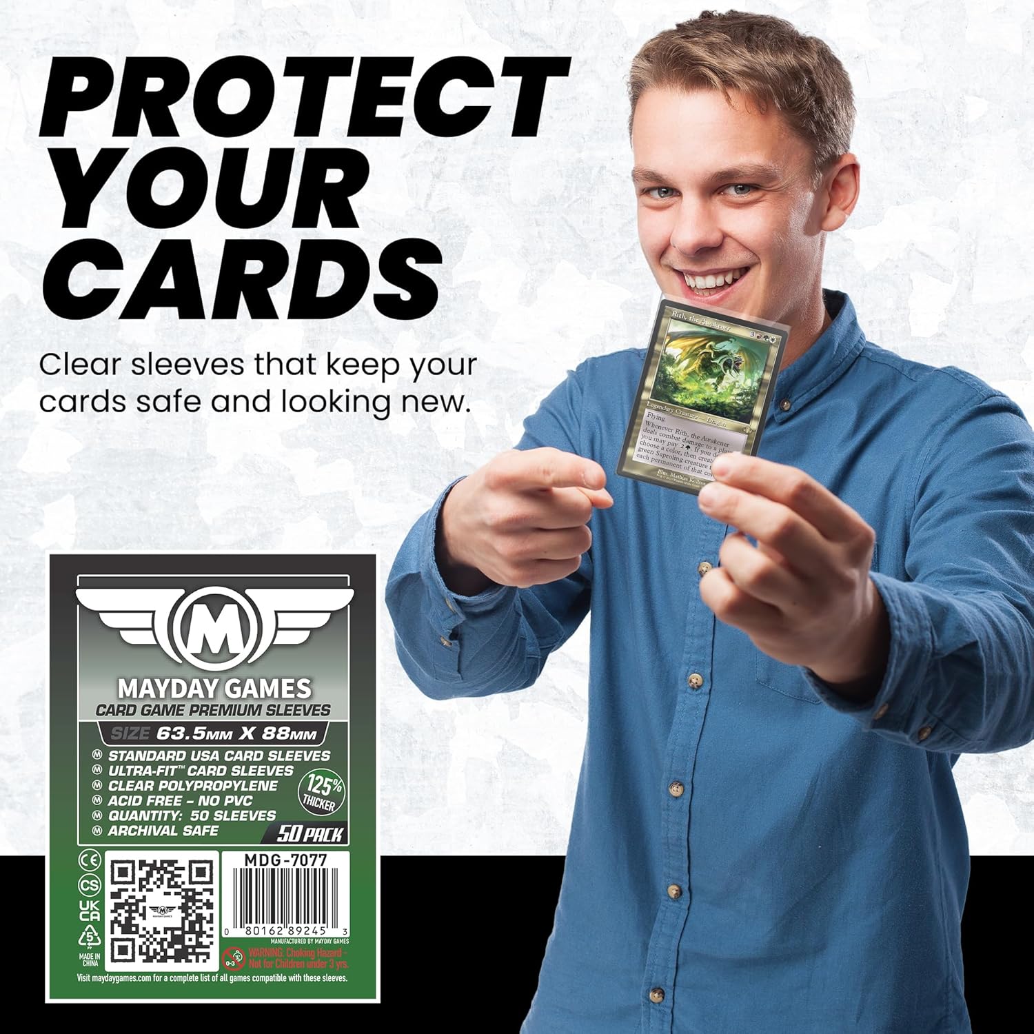 MayDay Games Premium Card Sleeves – 50 Count, Clear 90 Micron Thickness, Medium MTG Size (63.5 x 88 mm), Compatible with Magic: The Gathering & More – SKU: MDG-7077