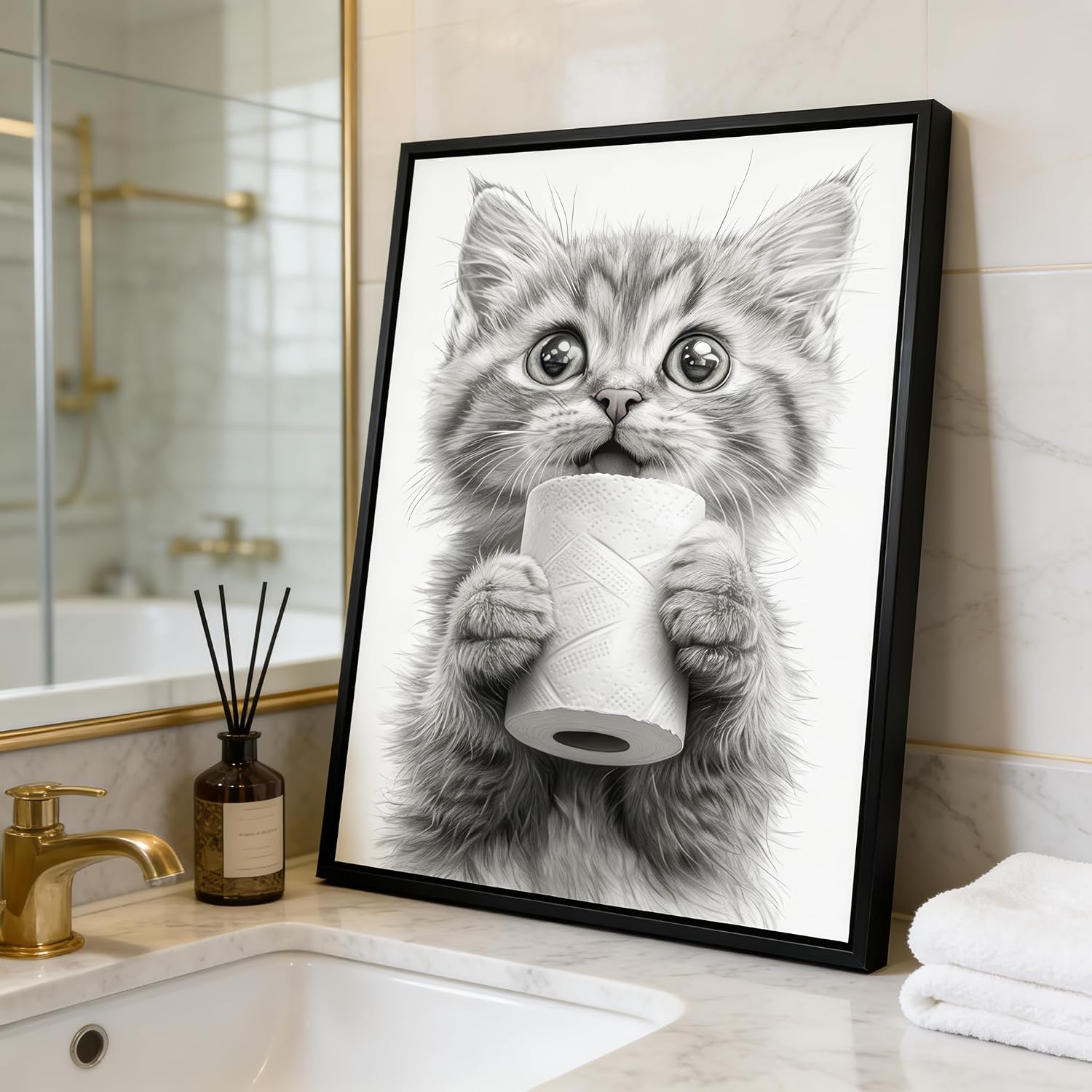 MKCIPJWC Black Framed Cat Bathroom Wall Art Black and White Animal Bathroom Wall Decor Toilet Paper in Little Cat Hand Canvas Print for Restroom 12x16 Inch