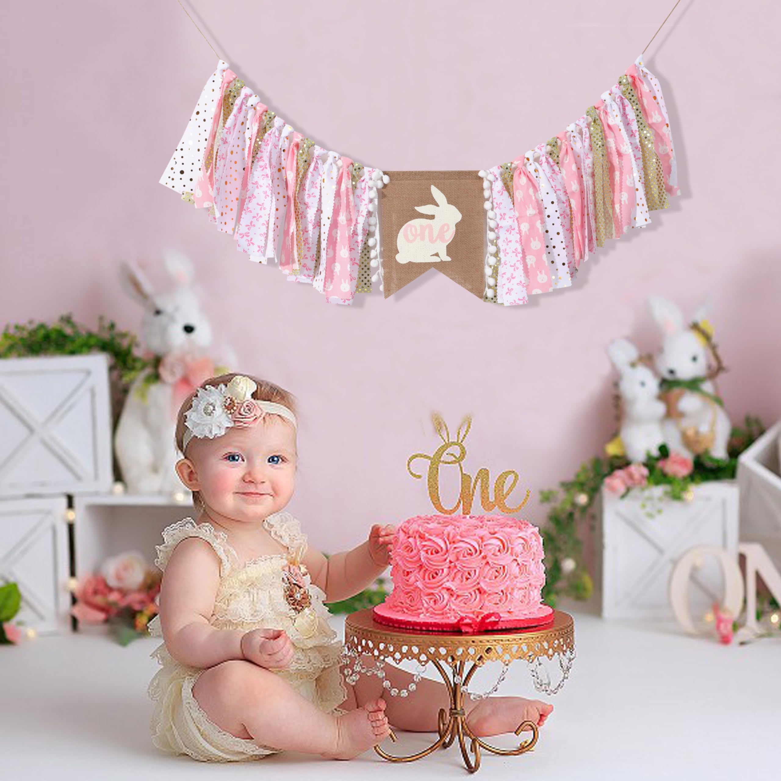 UOAOU Bunny 1st Birthday Banner - Pink Floral Easter Decoration, "Some Bunny Is One" Garland For Parties