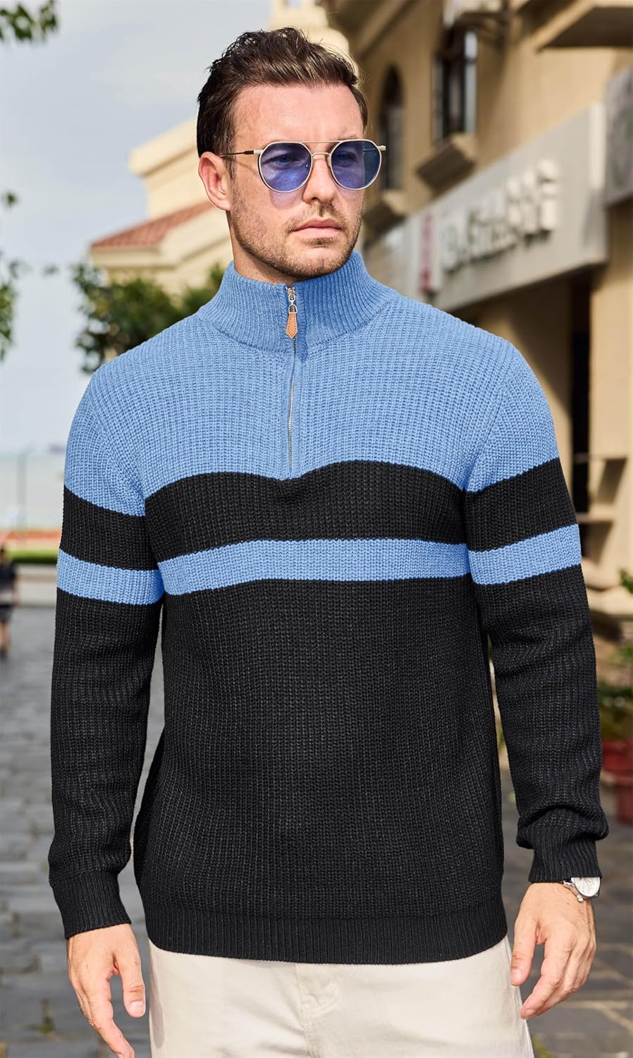 Lexiart Men's Pullover Sweater Mockneck Quarter Zip Color Block Ribbed Knit Thermal Sweaters - Image 3