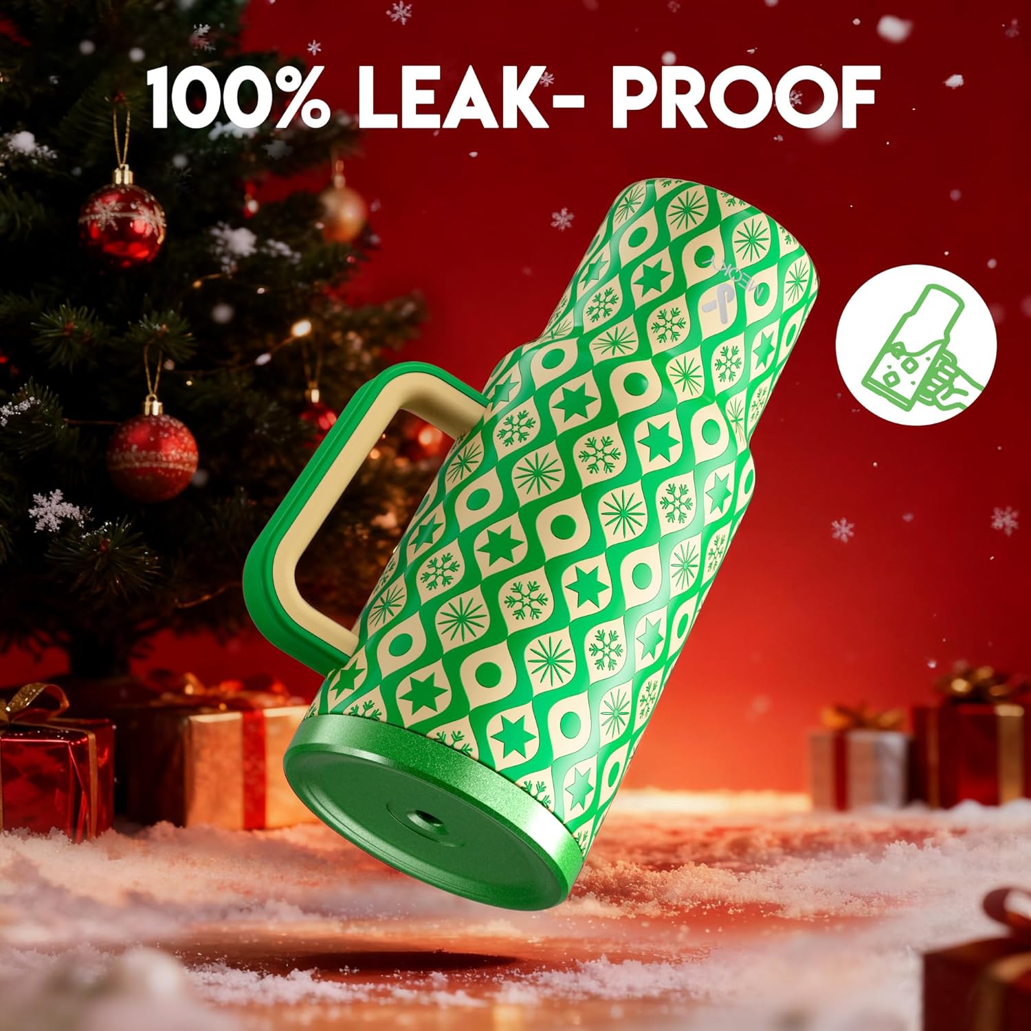 Meoky 40 oz Christmas Tumbler with Handle and Straw, Xmas Tumbler with Lid and Straw, Insulated Stainless Steel Travel Mug, Christmas Gifts for Women Men Adults (Emerald Cheer) - Image 3