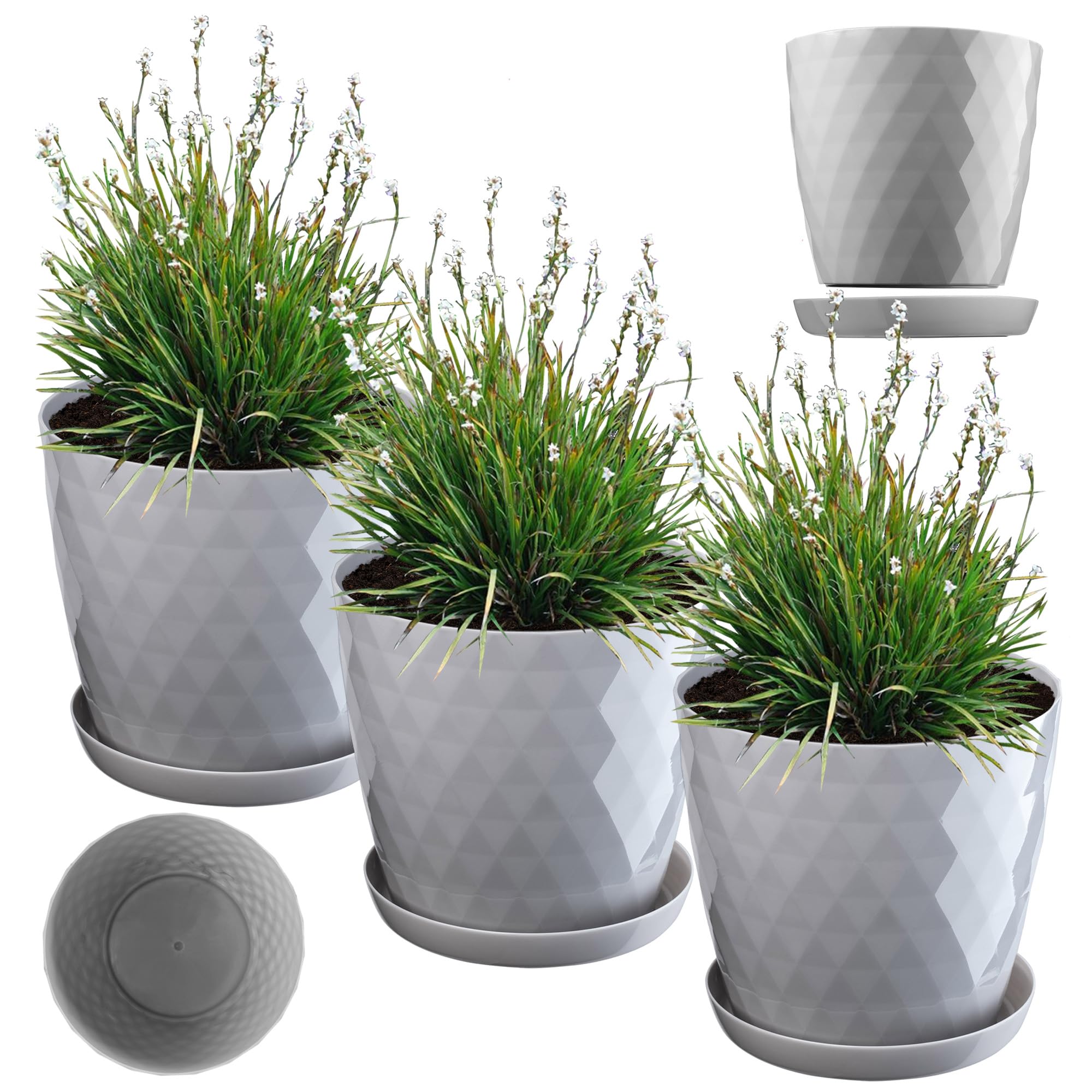 KADAX Pot de Fleurs en Plastique avec Soucoupe, Pot de Plante pour Une Décoration Florale Moderne dans l'espace Interieur (Lot de 3 : Gris, 25 cm)