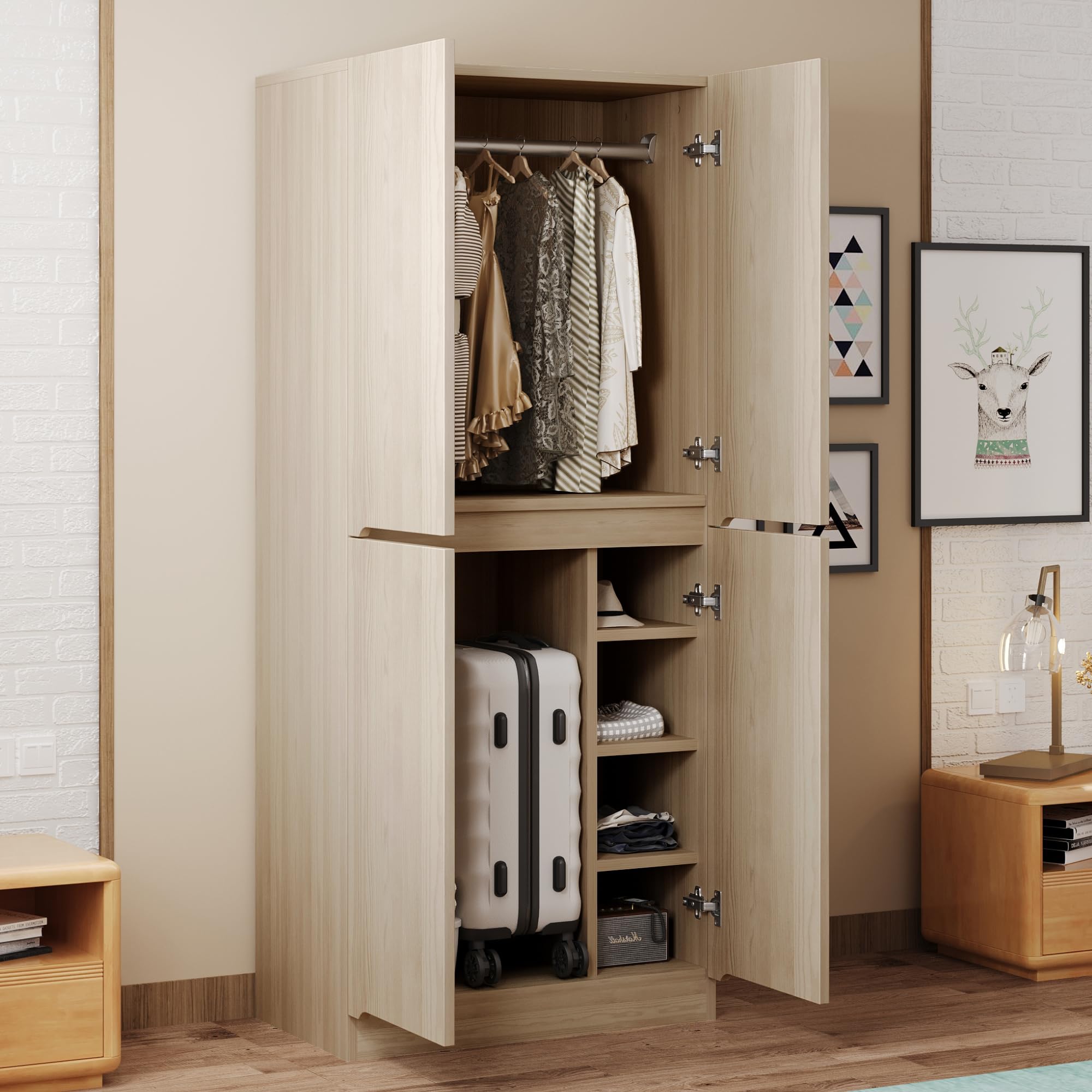 Armario 70 × 40 × 170 cm con diseño de doble puerta, amplio espacio de almacenamiento para la familia, fácil instalación, construcción estable, armario de dormitorio (color madera A)