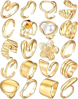 YEEZII 20 Pcs Gold Ring Set for Women, Chunky Statement Flower Finger Midi Rings,