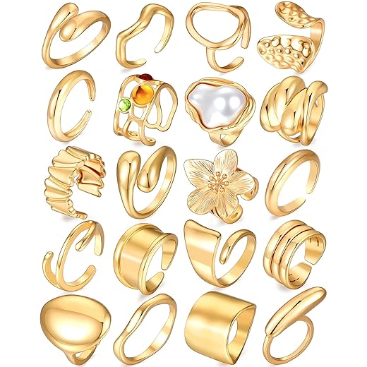 YEEZII 20 Pcs Gold Ring Set for Women, Chunky Statement Flower Finger Midi Rings, Big Boho Stacking Rings Pack Trendy Stuff Jewelry Gift