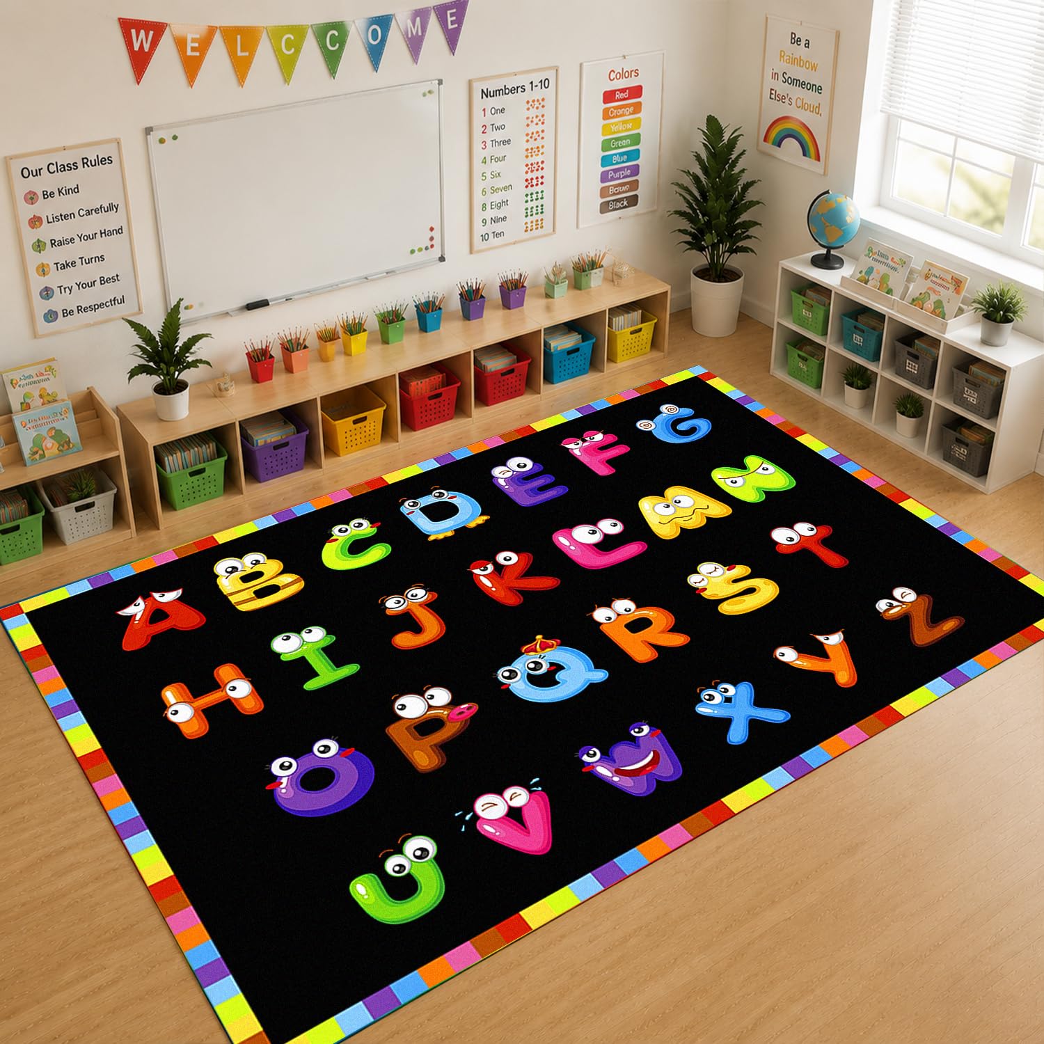 ABC Kinderteppich, ABC-Teppich für Kinderzimmer, 2,7 x 2,1 m, für Kindergarten, Kindertagesstätte, für Klassenzimmer, waschbar, Kinderteppich für Schule, Alphabet, pädagogischer Teppich für