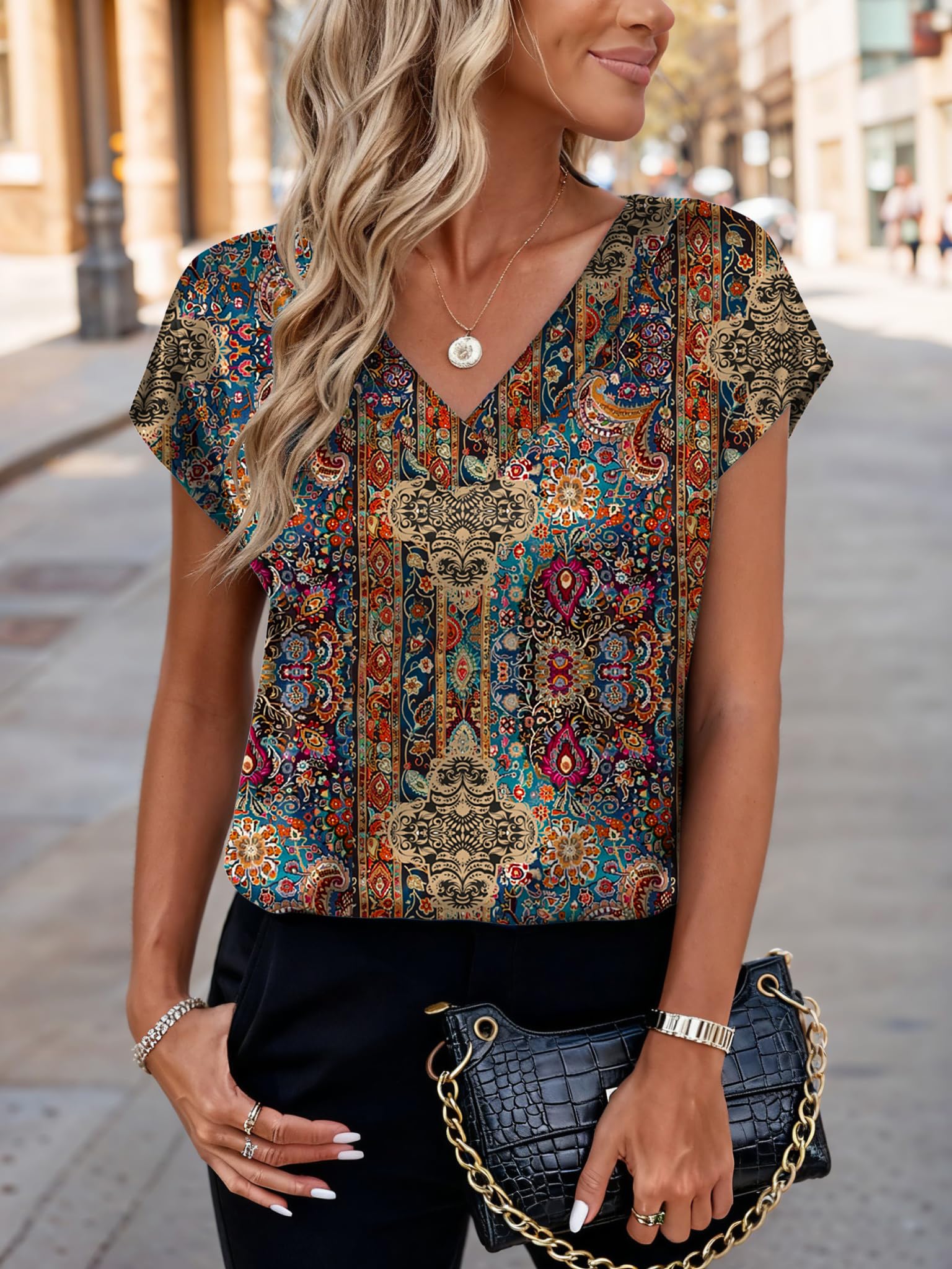 Zeagoo Satin Bluse Damen V Ausschinitt Cap Ärmel Silk Tops Elegant Kurzarm Business Shirts Sommer Seide Tshirt Blouse S-XXL - 5