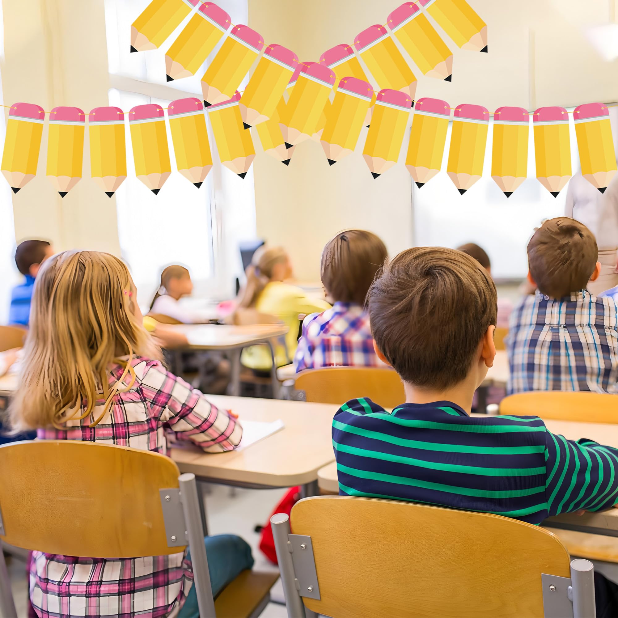 60 Pcs Welcome Back to School Pencil Banner Pencil Paper Garland First Day of School Hanging Banner DIY Pencils Party Decorations Partyprops for Home Schools Classroom Teacher Office Party Decor - Image 4