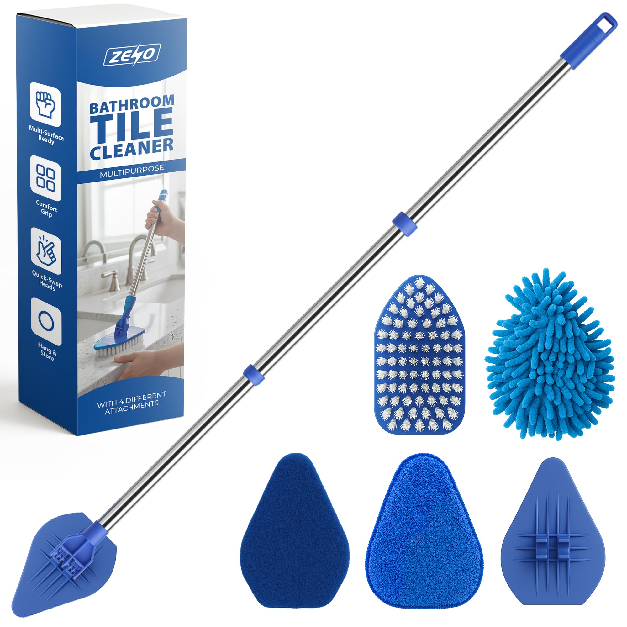 Zeno Blue Shower Cleaner Tool 90Cm | Bathroom Tile Cleaner With 4 Replaceable Heads | Long Handle Bath Cleaner Brush | Multi Surface Wall Mop And Bathroom Scrubber Cleaning Tool