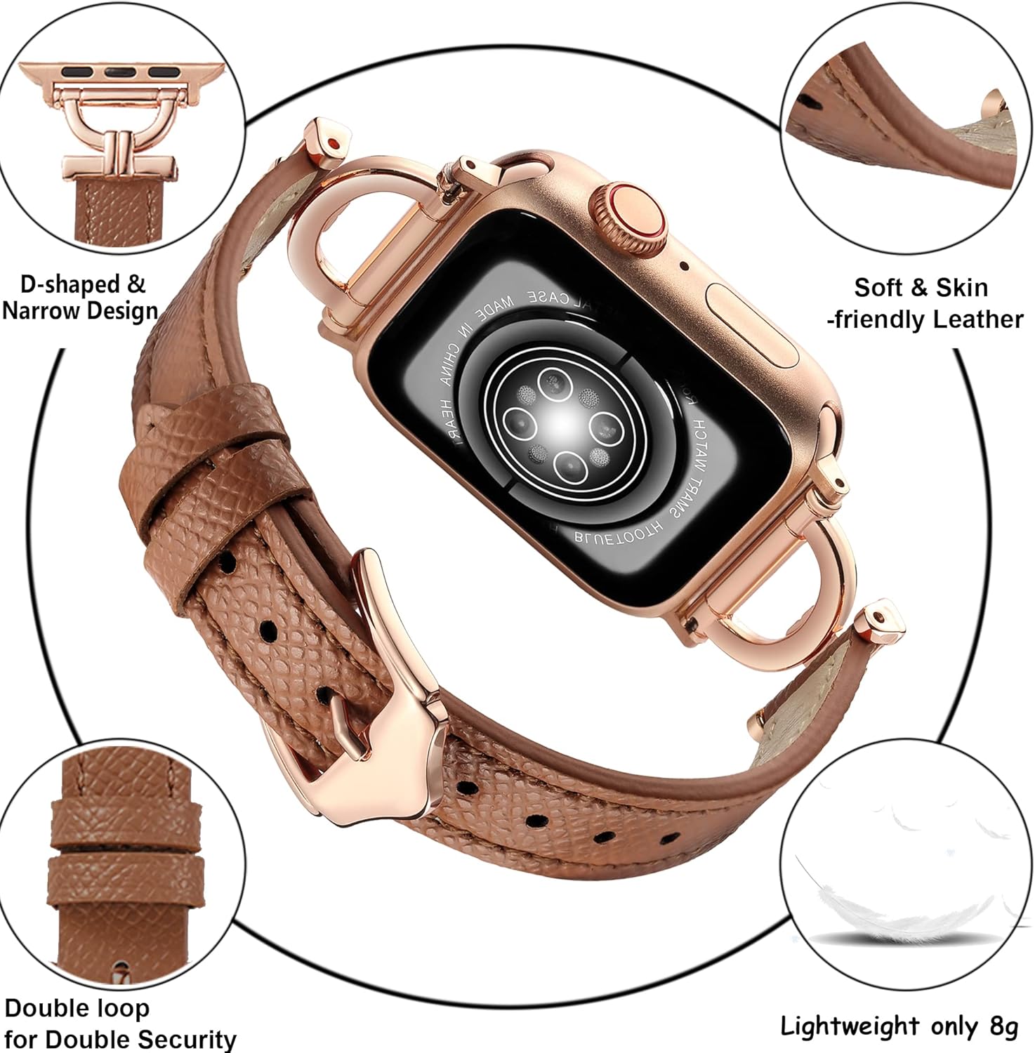 Genuine Leather Band Compatible with Apple Watch Women 42mm 44mm 45mm 46mm(2024 series 10) 49mm(Ultra 2/1), Designer Slim Leather Strap with D-Shape Gold Metal Buckle for iWatch Series 10 9 8 SE 7 6 5 4 3 2 1, Dark Brown - Image 5
