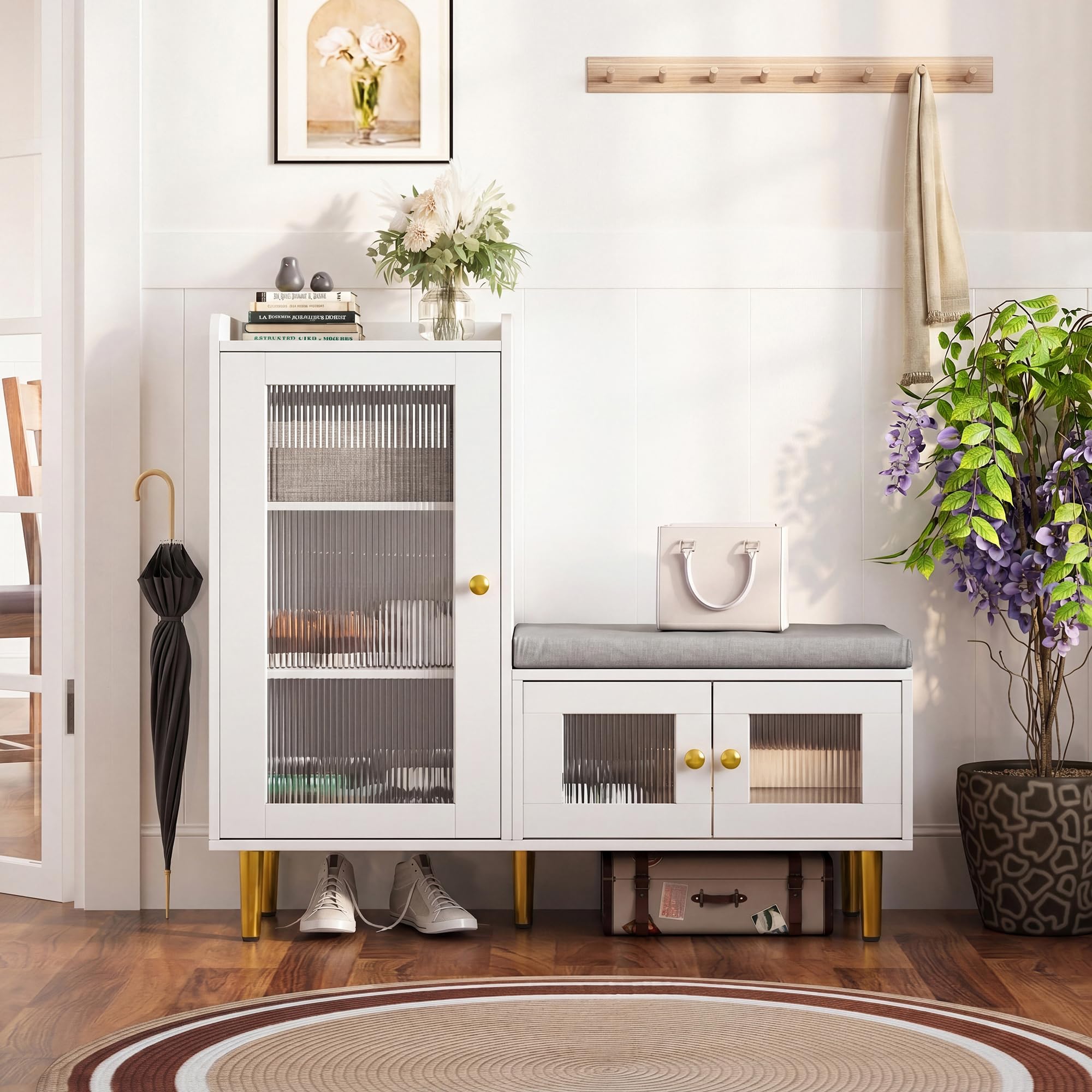Banc à chaussures avec armoire latérale haute et porte en verre