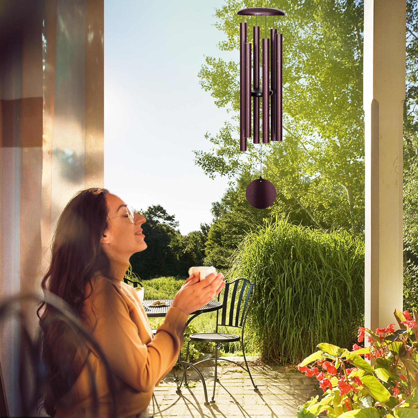 Windspiel Für Garten – 114 Cm Groß, 6 Röhren, Tiefer Ton, Aluminium, Schwarz (Pentatonische Stimmung)