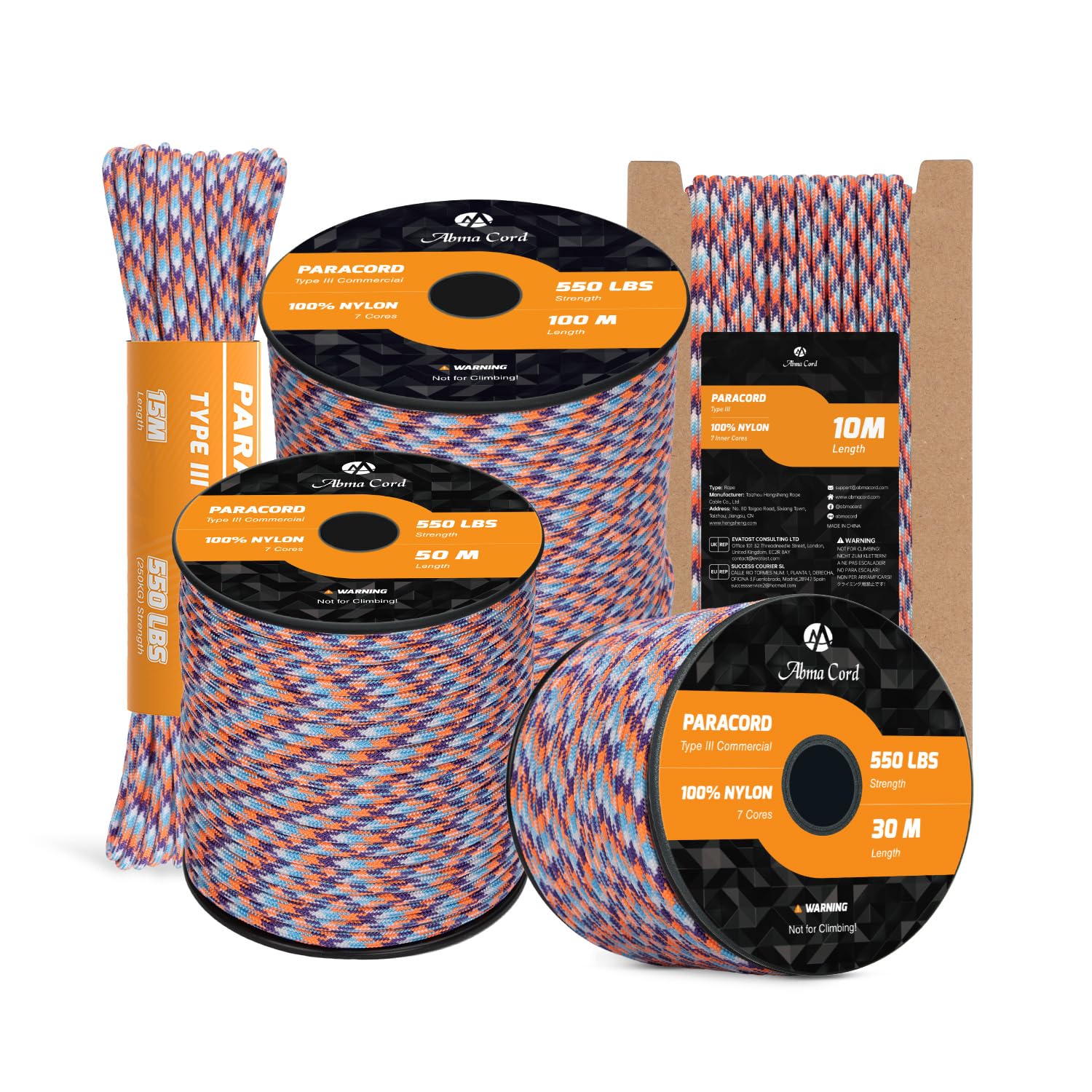 Abma Cord Paracord 550 4mm 10m 100% Nylon Rope Type III 7 Strands Parachute Cord for DIY, Camping, Survival, Outdoor - Max. 250kg - Summit