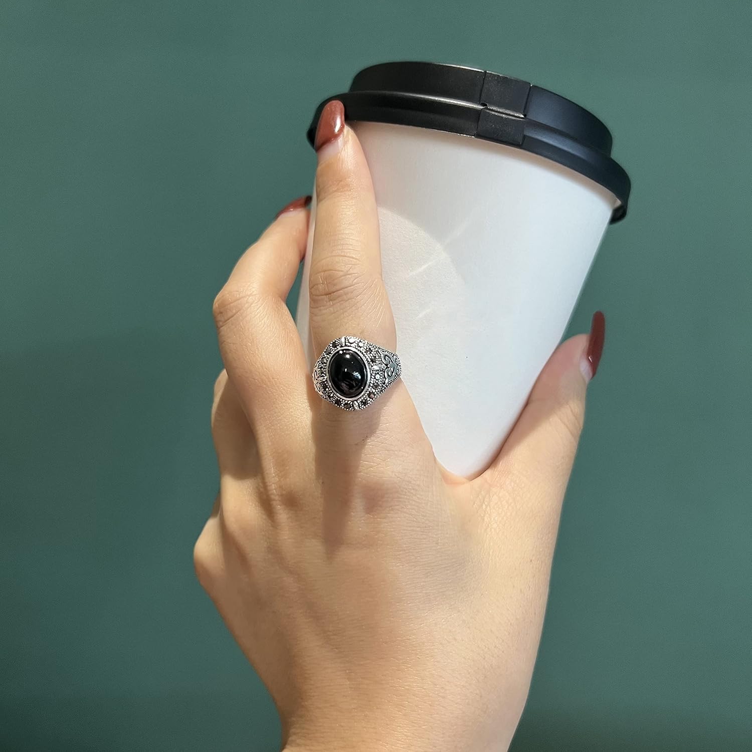 Mytys Black Onyx Stone Rings for Women Marcasite Vintage Cocktail Statement Rings Silver Chunky Crystal Antique Retro for victorians Jewelry Gift - Image 4