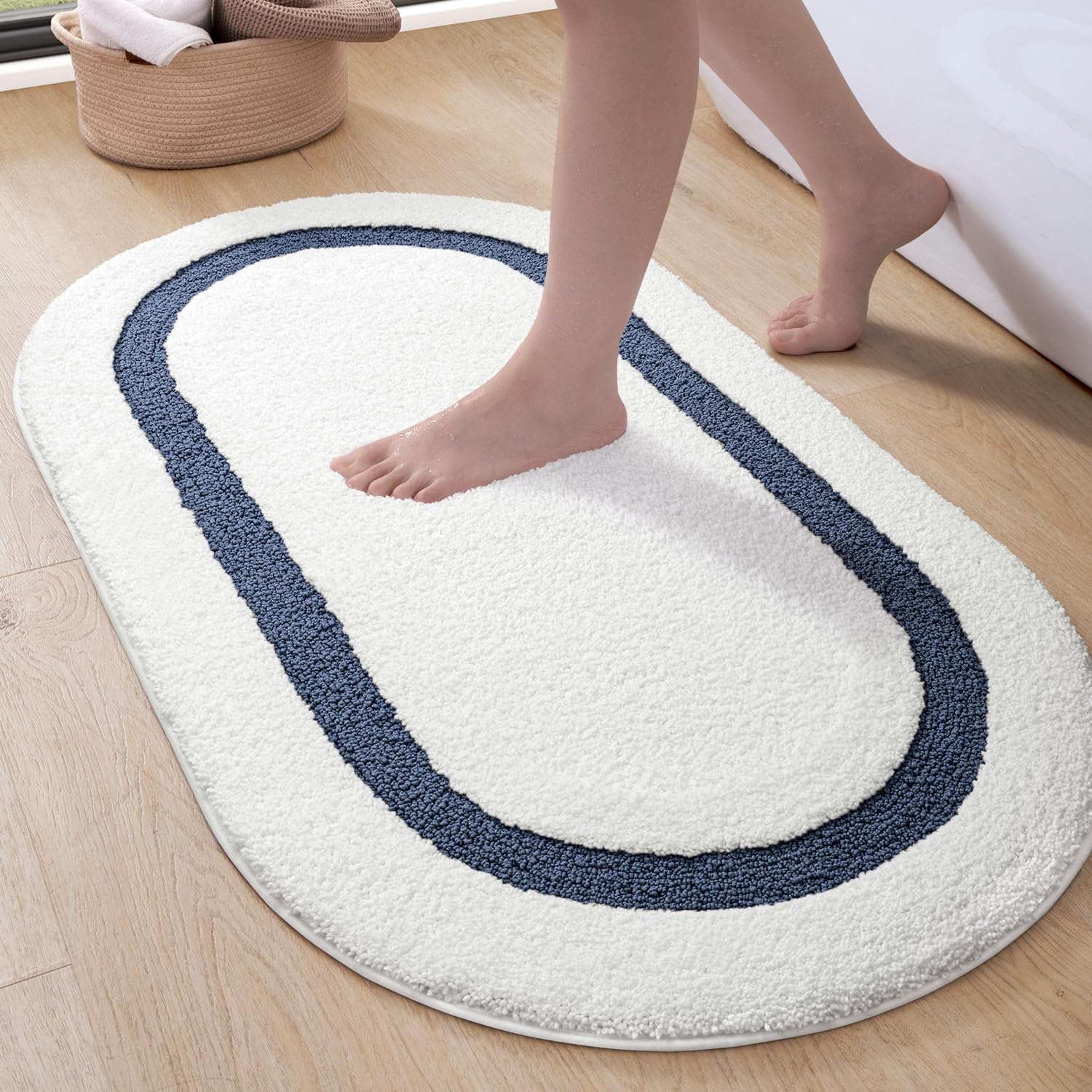 DEXI Oval Alfombra Baño 61 x 110 cm, Alfombras Bañera Antideslizante y Absorbente, Lavable a Máquina, Suave y Cómoda Alfombrilla para Ducha y Dormitorio, Azul