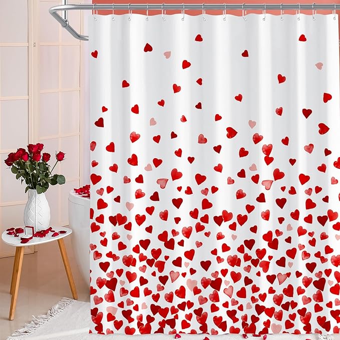 71 x 71 Inches Valentines Shower Curtain Bottom with Pink and Red Love Heart Romantic Bathroom Curtain Waterproof Polyester Curtain Hooks Set for Valentine's Bathroom Decorations