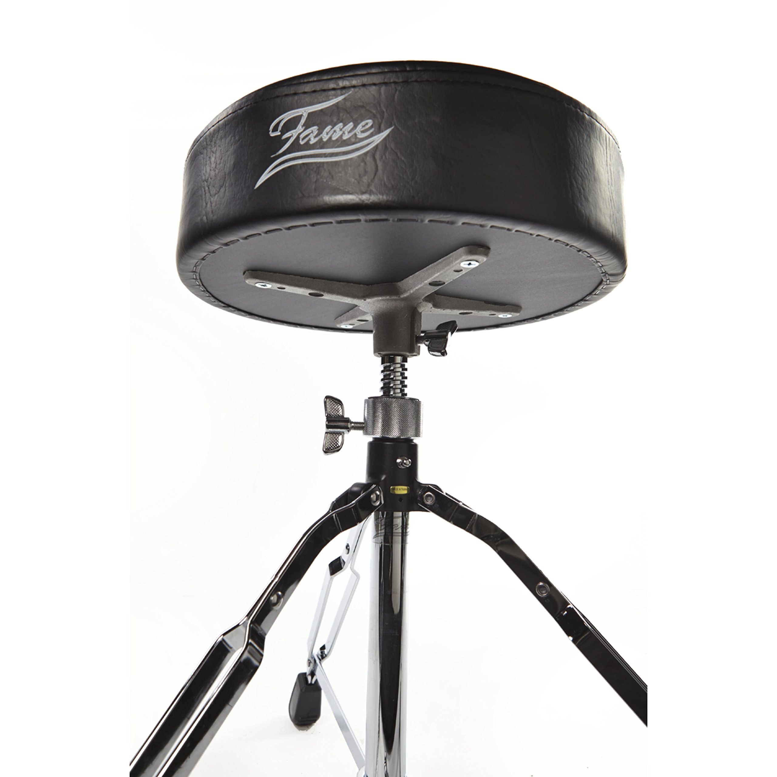 Fame Drumhocker D9000,rund, höhenverstellbarer Schlagzeughocker von 50 cm – 70 cm, breite Gummifüße, Drehspindel, stufenlos, bequemes Polster