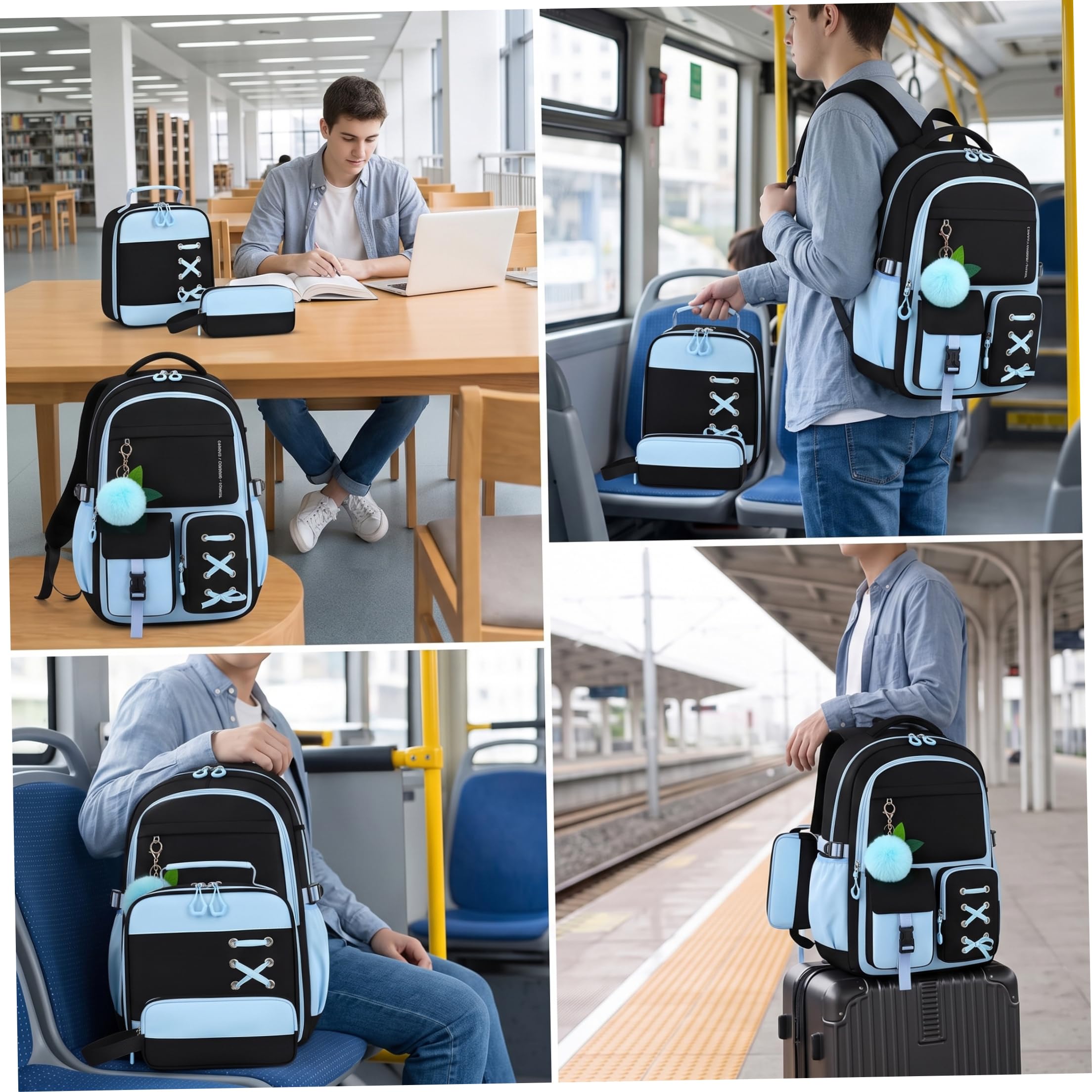 Zaino per ragazze con portapranzo, zaino con fiocco da 3 pezzi, multitasche blu con cinghie traspiranti, poliestere impermeabile per la scuola e i viaggi delle ragazze