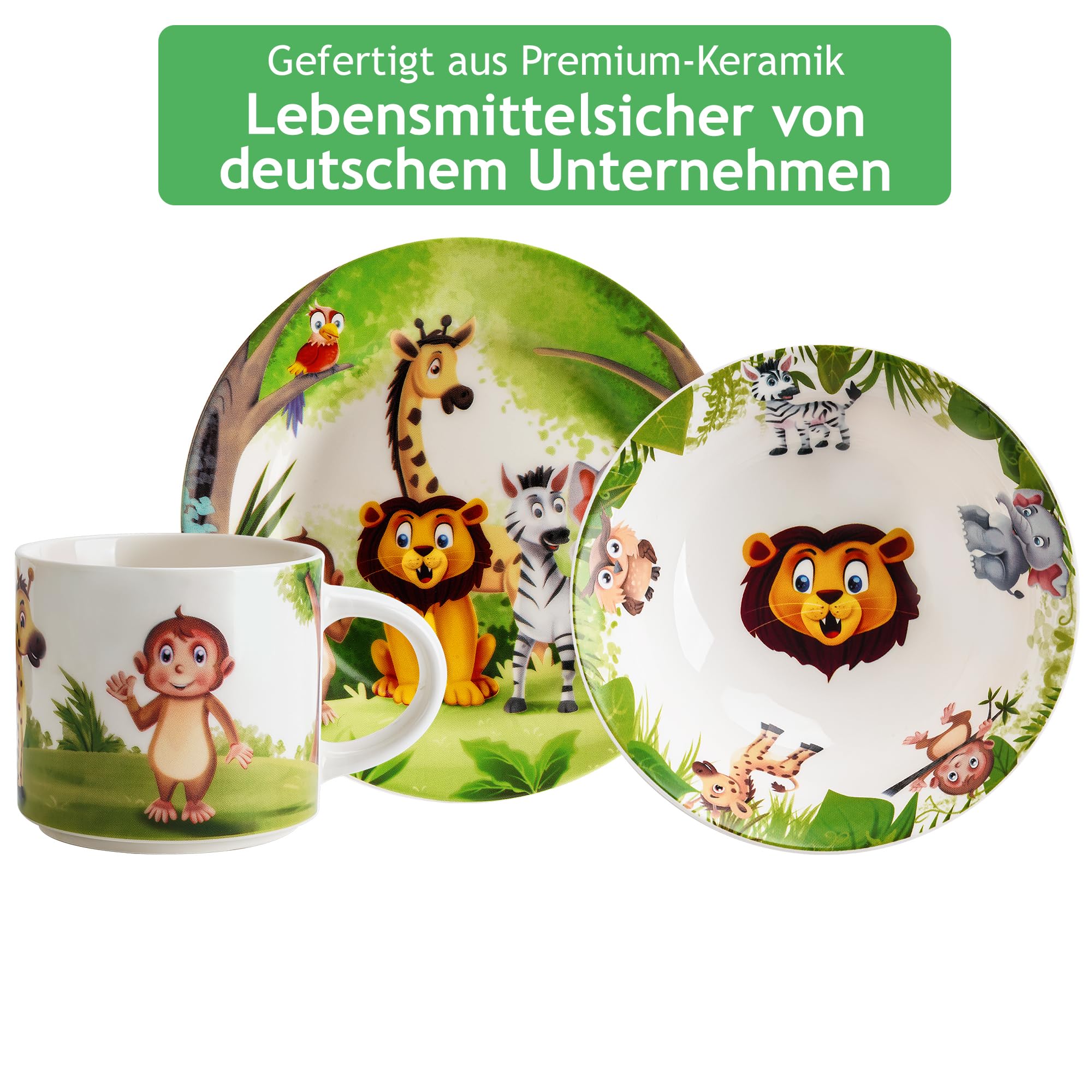 MIAMIO - 3er-Set Kindergeschirr/Porzellan Kinderbesteck, Kindergeschirr-Set aus Porzellan - Inklusive Teller, Schüssel und Tasse - Für Kinder und Kleinkinder (Dschungel) Jungle Grün