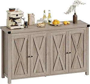 DWVO Farmhouse Sideboard Buffet Cabinet with Storage, 55'' Kitchen Storage Cabinet with 4 Doors, Large Coffee Bar Cabinets with Adjustable Shelves for Kitchen, Living Room, Grey