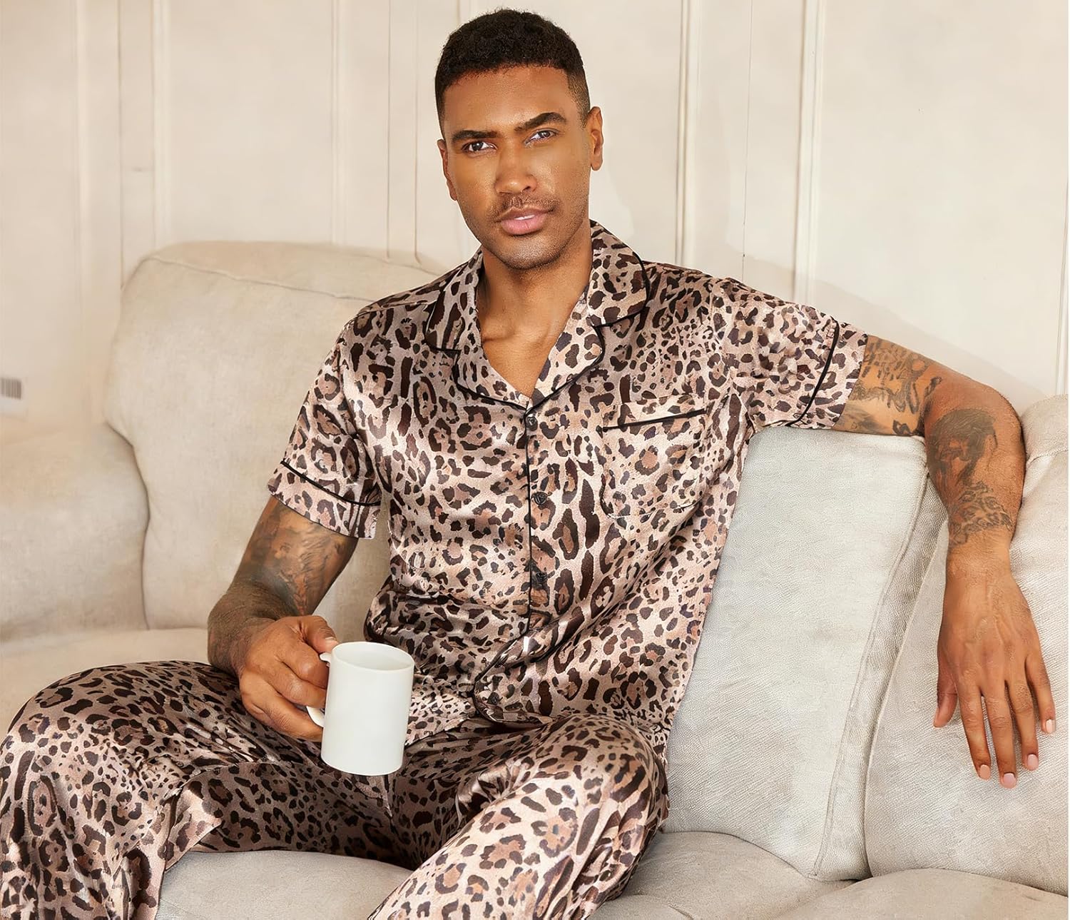 Ekouaer Mens Satin Pajama Set Short Sleeve Button Down Sleepwear Classic Loungewear Set with Long Pants - Image 5
