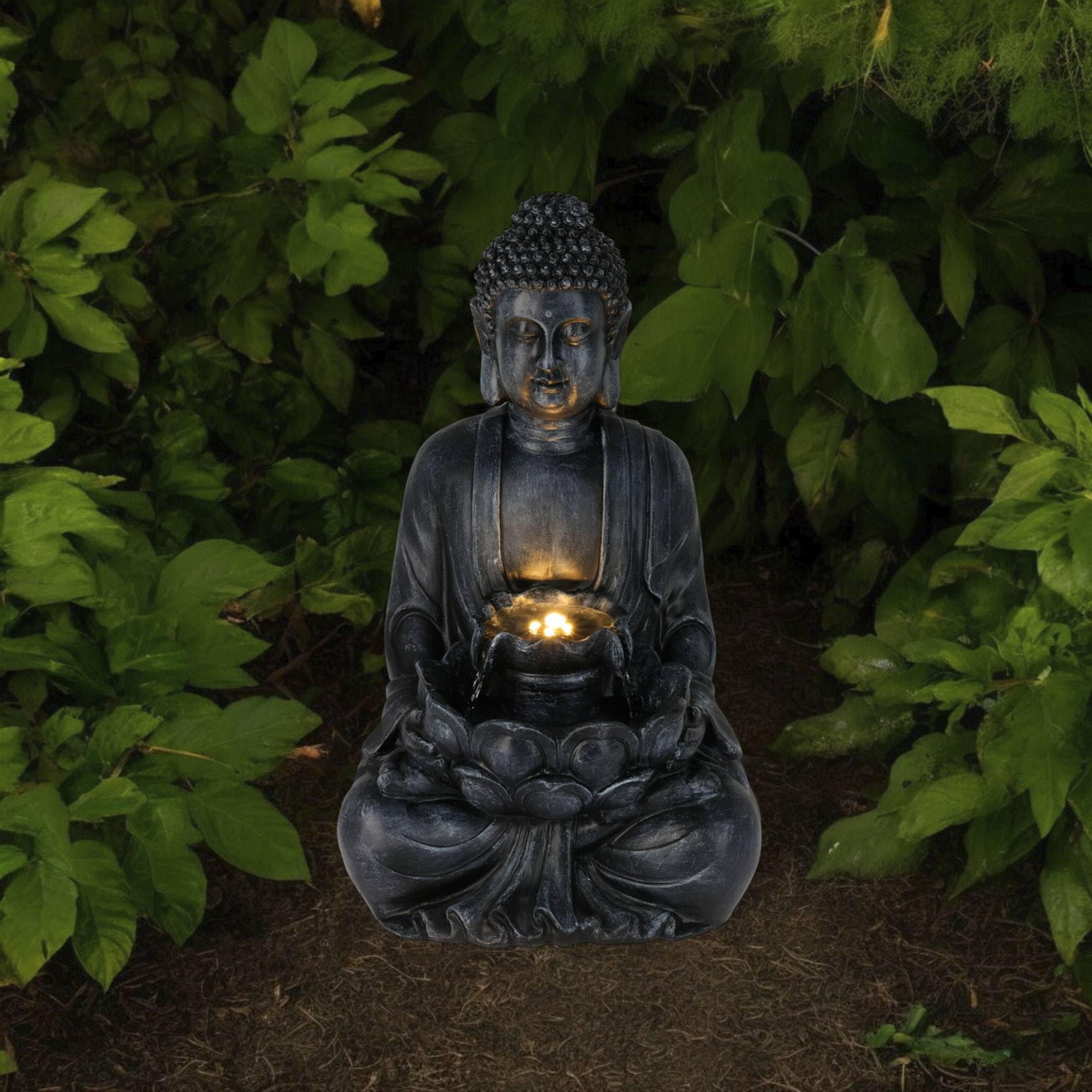 Well Home Fuente Buda en Color Negro con Luces LED para Espacio Exterior 28,5x24,5x48cm