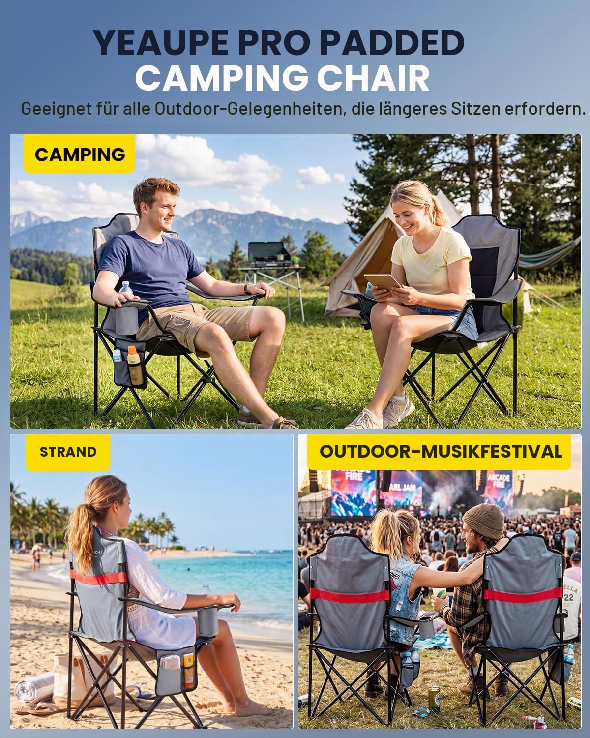 YEAUPE PRO Campingstuhl Faltbar Bequem Gepolster, 150 KG Belastbar | Luxus Camping Stuhl mit Hochlehner, Breiter Sitz | Angelstuhl, Karpfenstuhl, Klappstuhl Camping Chair, XL