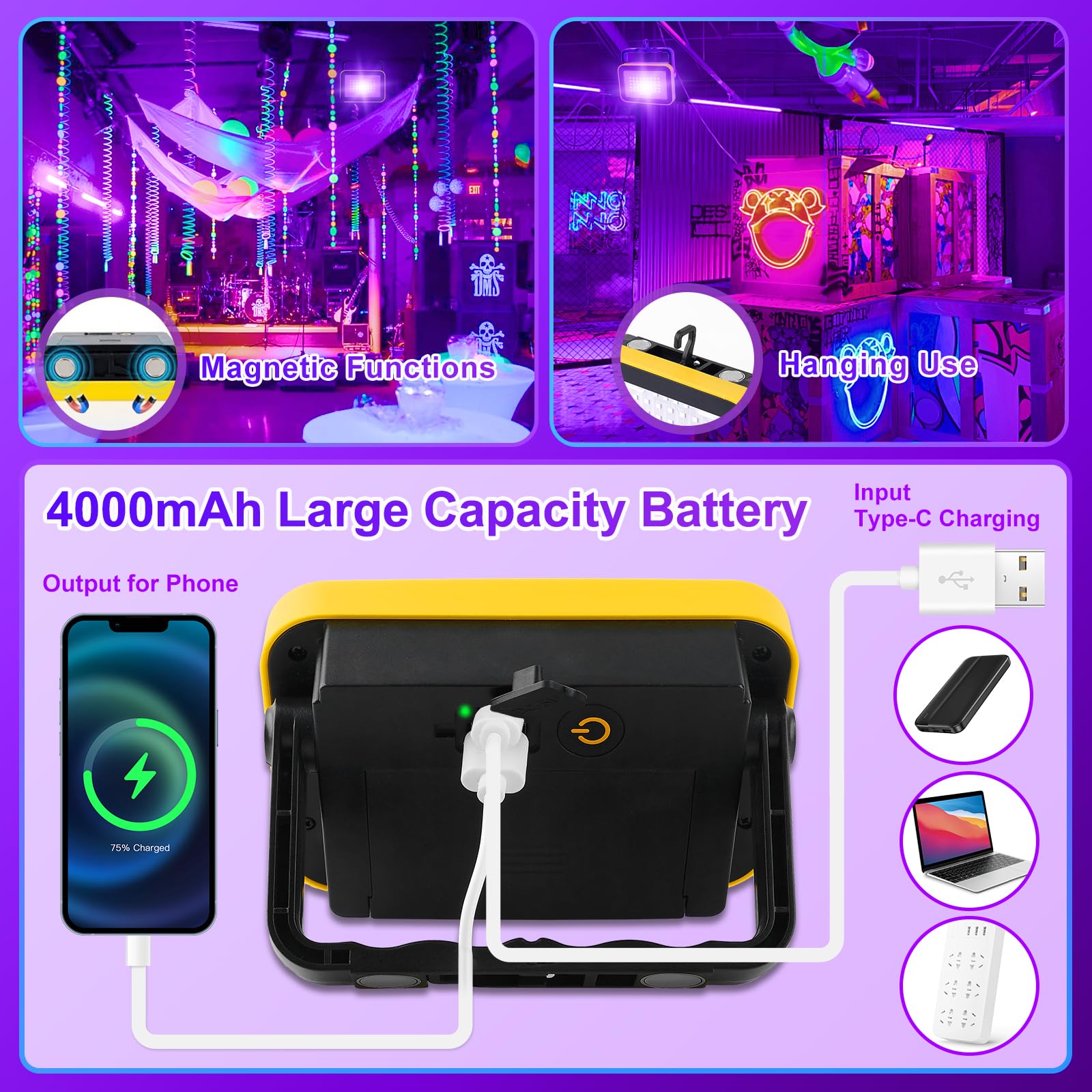 T-SUNUS Foco LED Negra Recargable, 2 Piezas Luz Negra UV con Batería, 2 Niveles de Intensidad, Impermeable IP66, Lámpara de Escenario con Imán, para Halloween Navidad Fiestas Bar