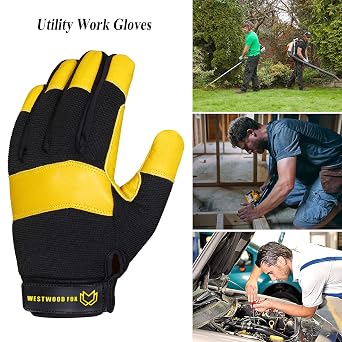 WESTWOOD FOX Gardening Working Gloves Garden Thorn Proof Flexible Heavy Duty Leather Mechanic Utility Dexterity Breathable Construction Gloves for Work Mens Women