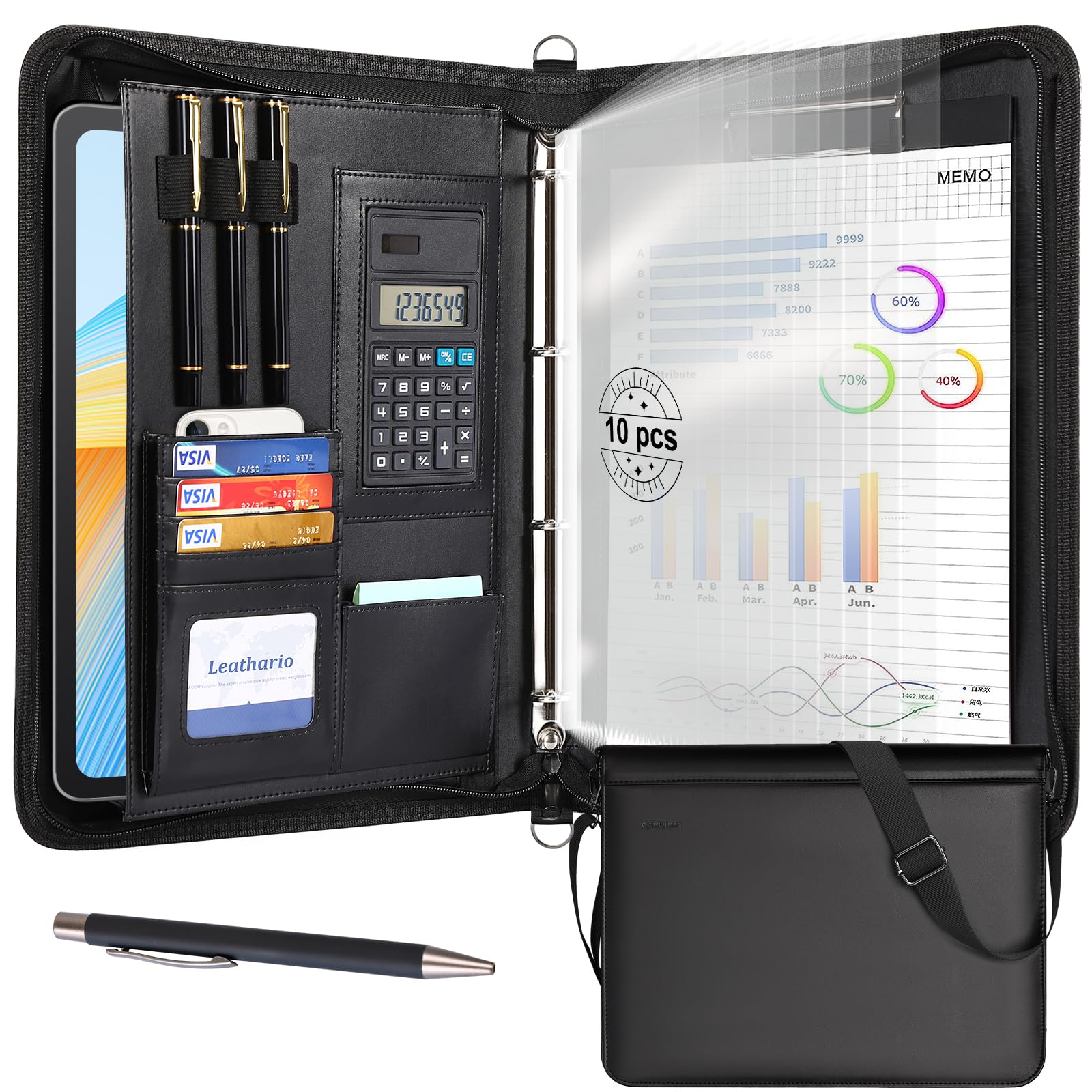 Leathario Portfolio Folder A4 with Shoulder Strap, Vegan Leather 4-Ring Conference Folder, Includes 10 Clear Sheet Protectors and a Pen, Travel Document Holder Organiser, Office Supplies