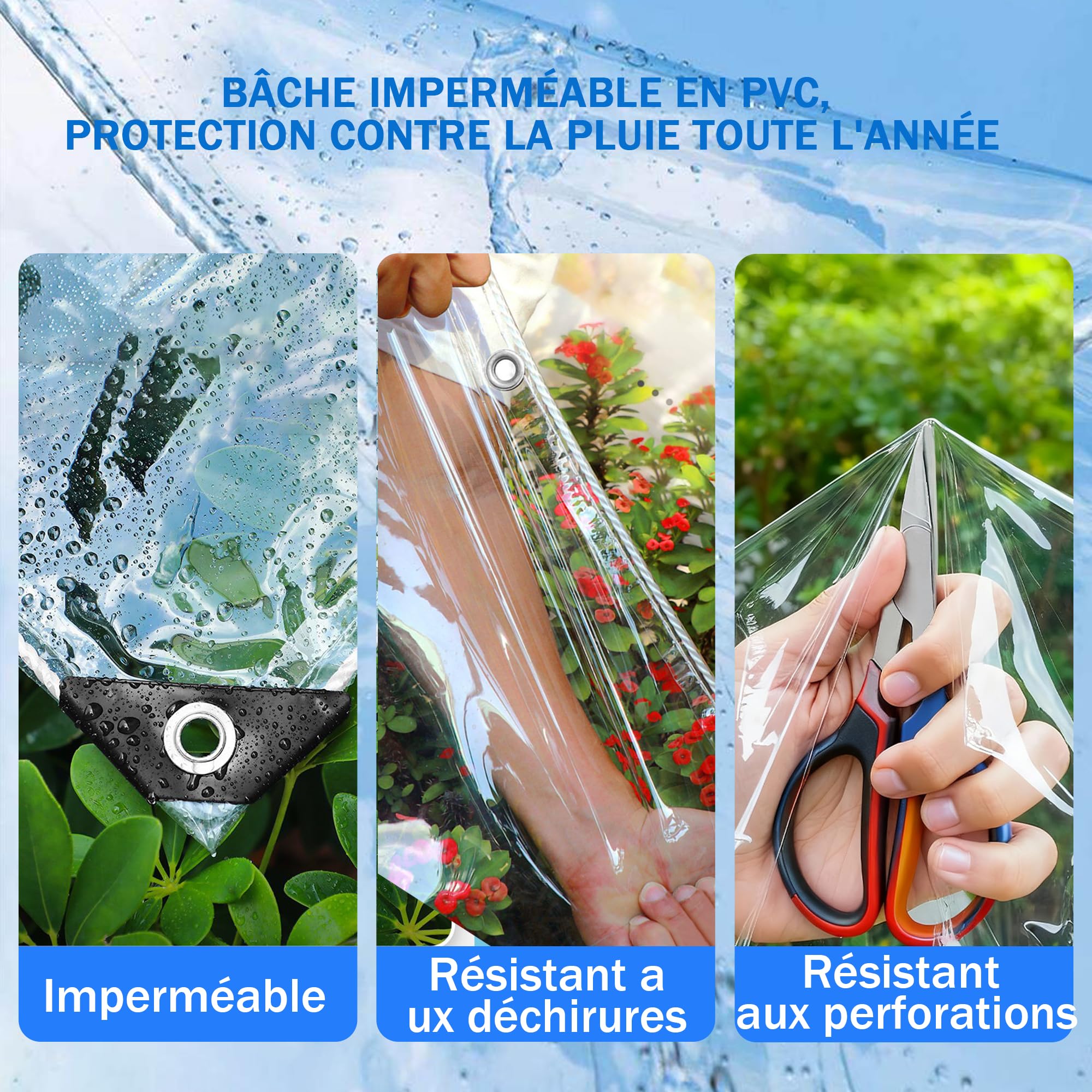Bâche Transparente Extérieure 1x3m, PVC Souple Imperméable Anti-Déchirure avec Oeillets - Bâche de Protection Polyvalent pour Pergola, Terrasse, Jardin, Balcon, Serre