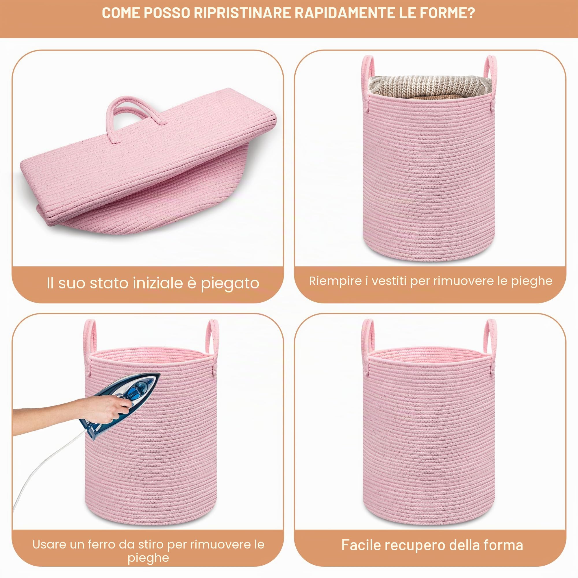Cesto portabiancheria rosa, cesto portabiancheria in corda di cotone, cesto portaoggetti per coperta e giocattoli per soggiorno, camera da letto, bagno, cameretta dei bambini, rosa