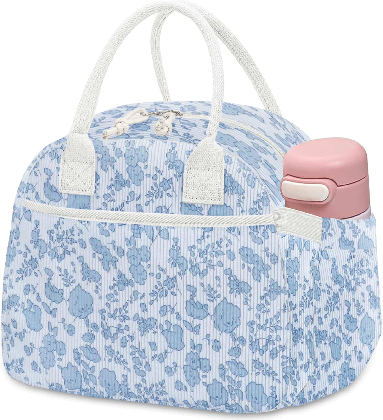 Carry bloom Lunch Box for Women, Insulated Lunch Bag Cute Corduroy Lunchbag Reusable Lunchbox for Work (flower blue)