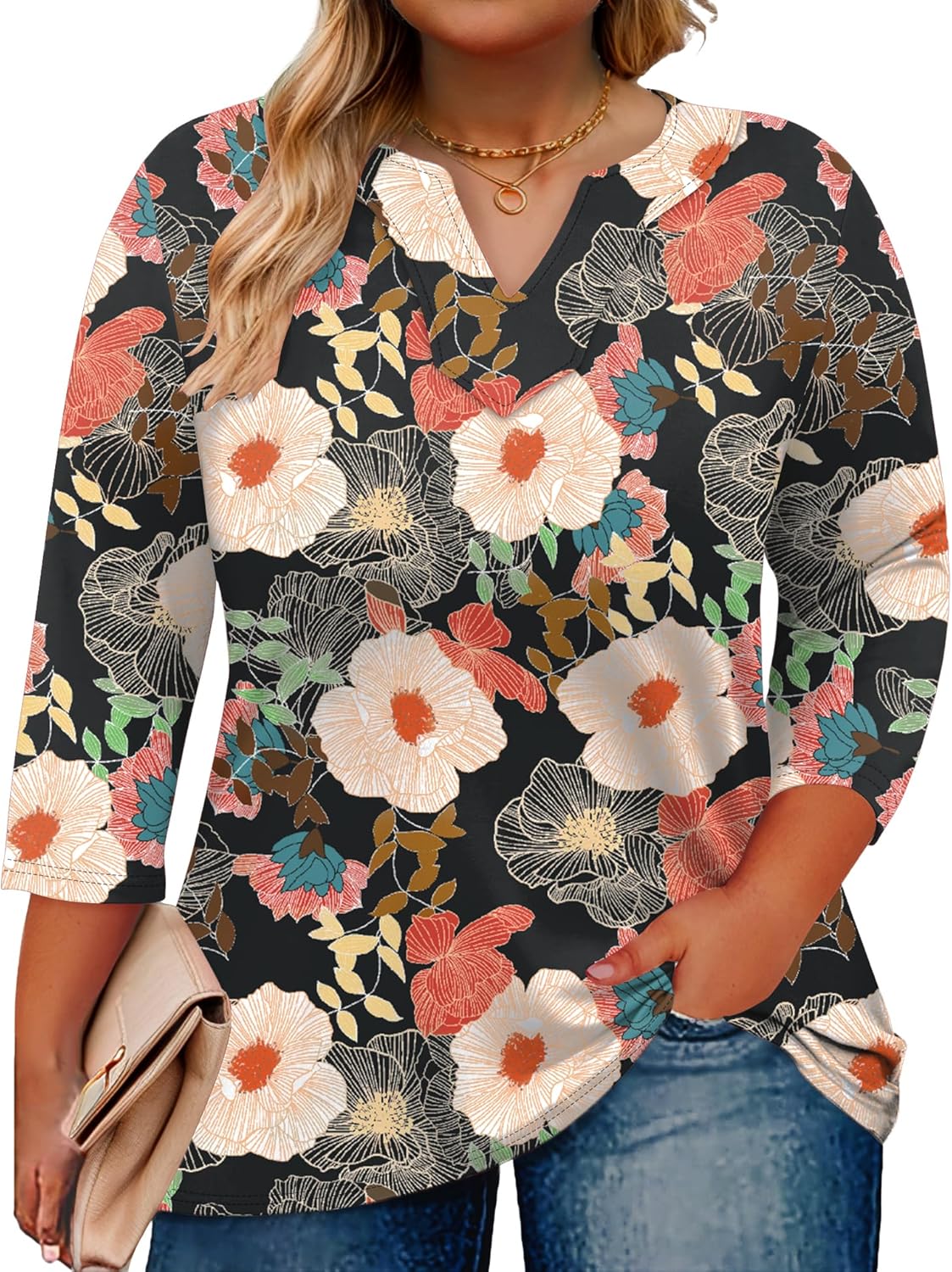 Romanstii Womens Plus Size Tops Casual 3/4 Sleeve V Neck T Shirt Loose Fit Tunic Blouse 1X-5X