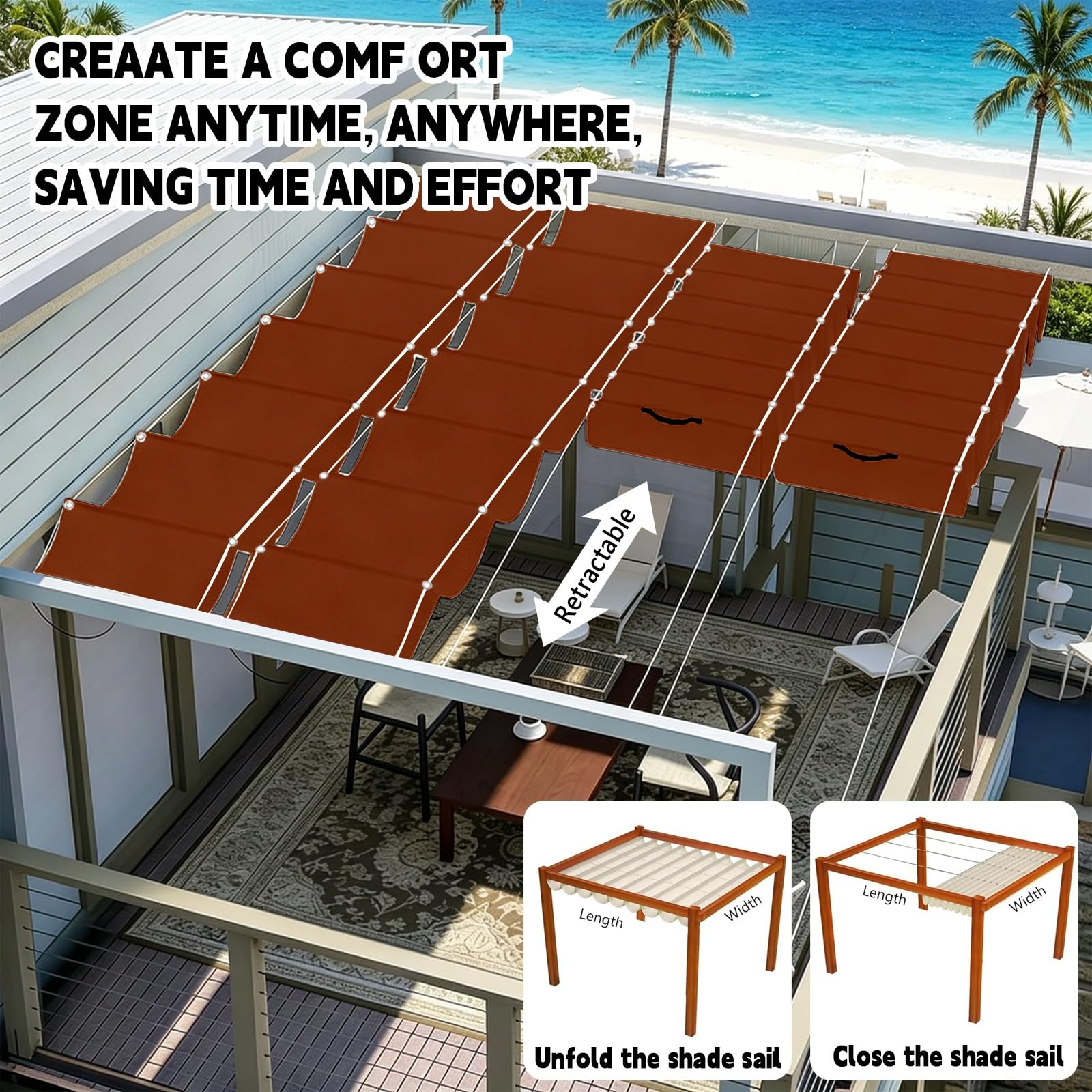 Toldo Retráctil de Onda 100 x 1500 cm con Ojales y Cuerda, Vela Sombra Impermeable y Rectangular con Bloqueo UV y Resistencia a Desgarros para Terraza Jardín Balcón Pérgola, Rojo óXido
