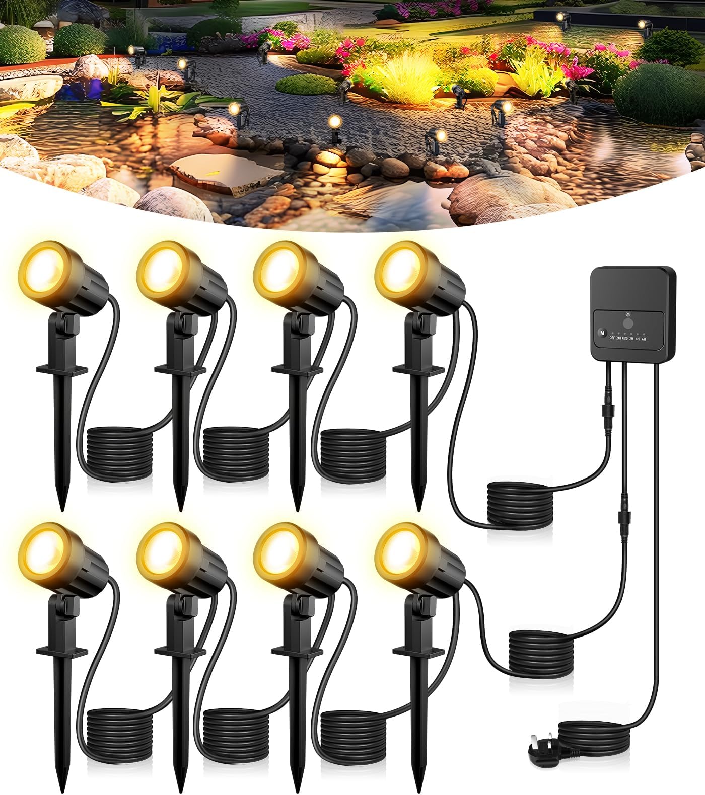 MEIHUA Garden Spotlights Mains Powered, 23m 8-in-1 Outdoor Garden Lights Warm White 2700K IP66 Waterproof LED Landscape Lights Pathway Lighting for Yard Lawn Patio Tree with UK Plug