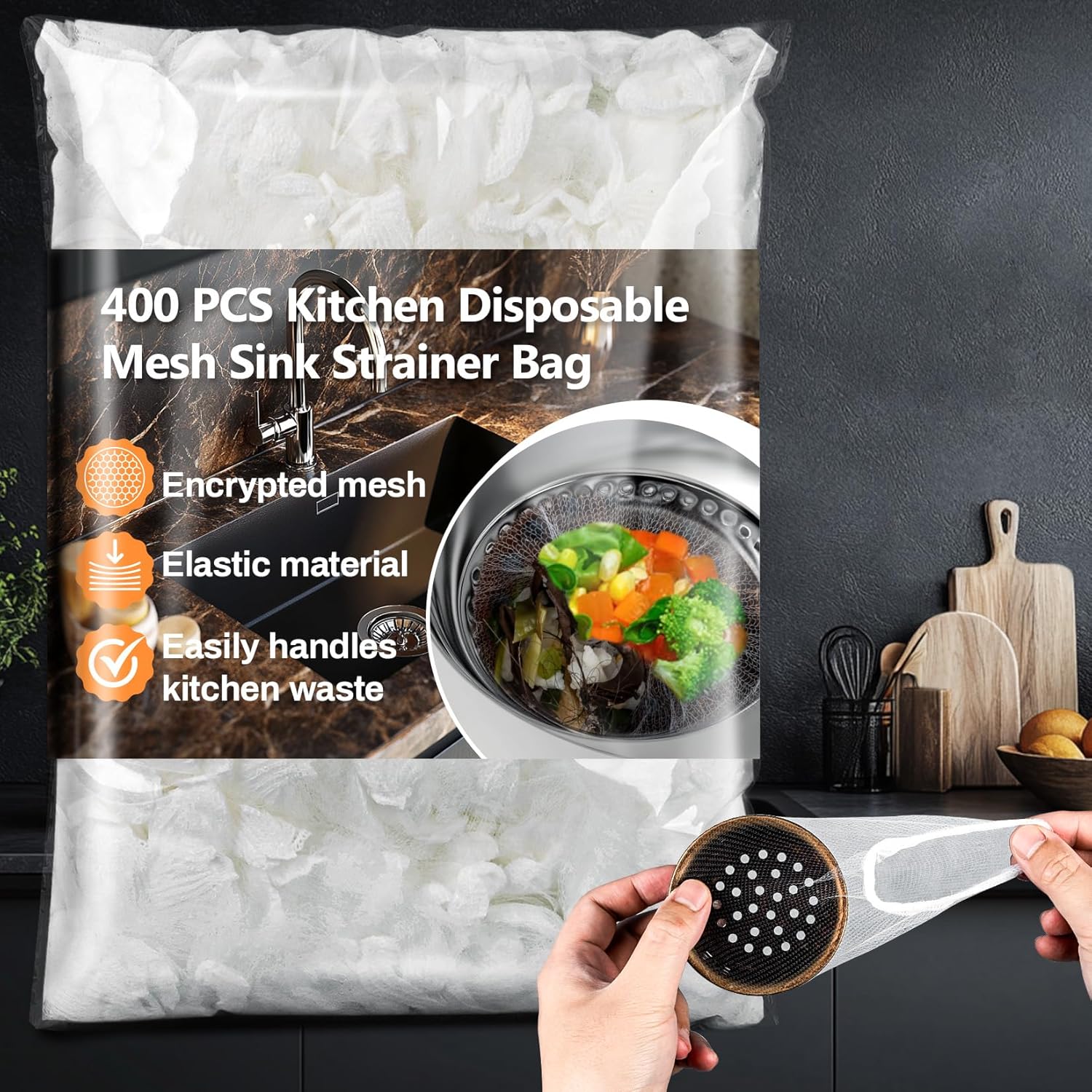 Product image of 400 PCS Disposable Kitchen Mesh Sink Strainer Bag - Kitchen Sink Food Catcher Mesh Bag Elastic Net Drain Hair Catcher Strainer Bags for Drain Anti-Clogging Collecting Food Waste (4 x 4 Inch)