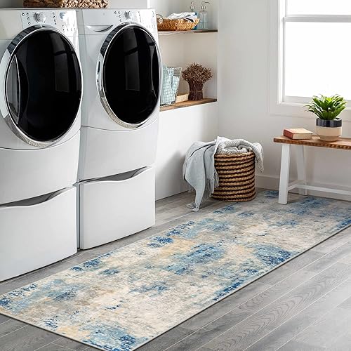 Miniatura 6 de Morebes Alfombra moderna lavable de 2 x 7 pulgadas, color azul, antideslizante, abstracto, envejecida, para pasillo, alfombra de lana sintética