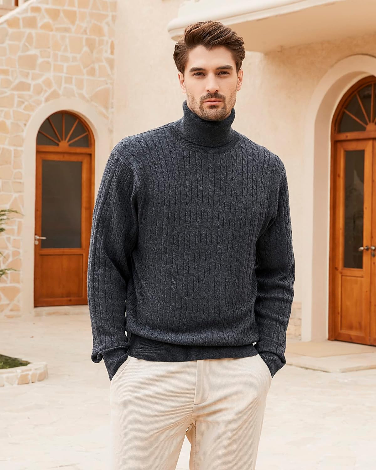 Kallspin Men's Turtle Neck Pullover Wool Blend Lightweight Cable-Knit Pullover Sweater - Image 5