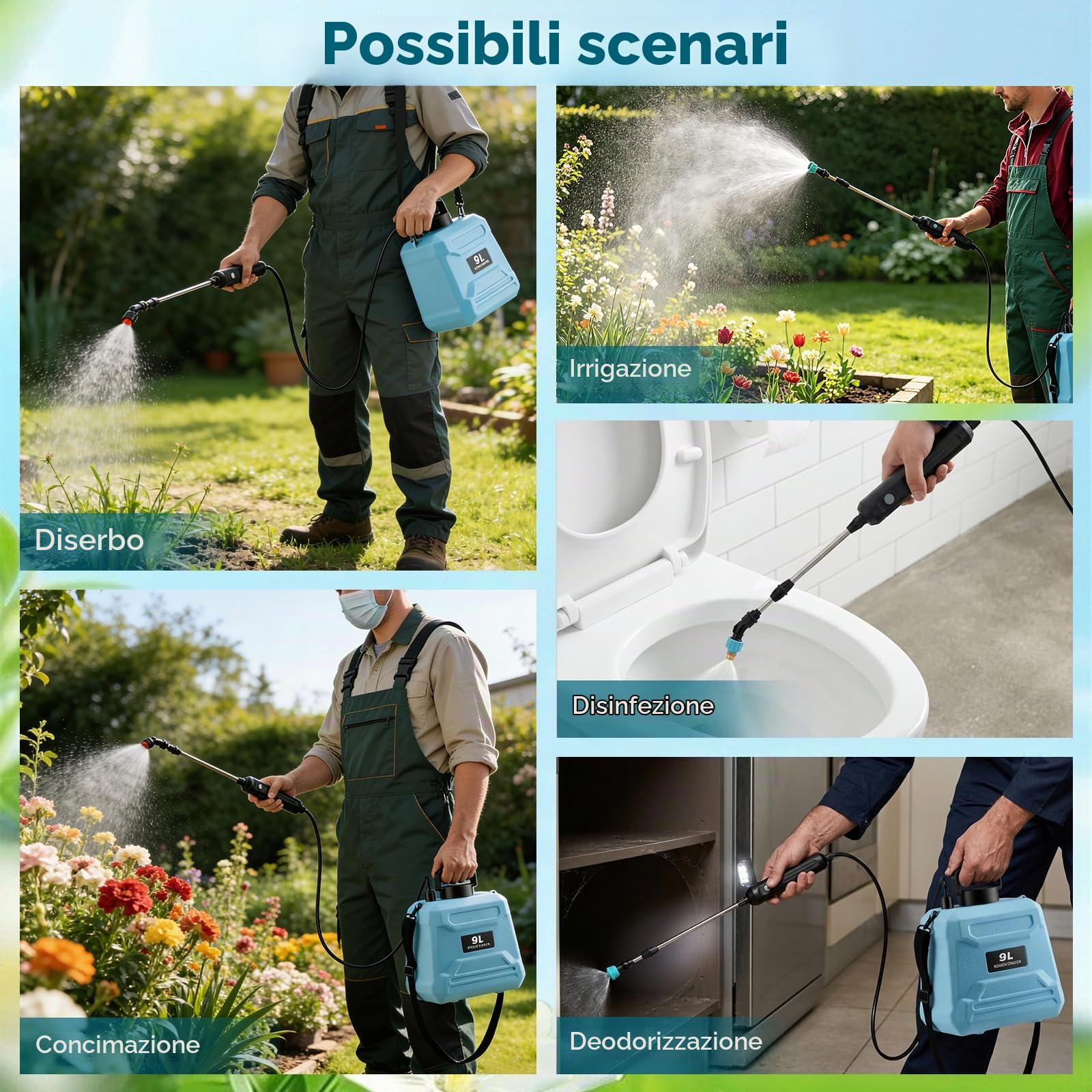 Pompa Irroratrice a Batteria 9L, Spruzzatore Elettrico, Motore Rame 1500mAh 200min, 3 Ugelli + Lancia 80cm, Ricarica USB-C, Nebulizzatore Giardino Elettrico per Piante