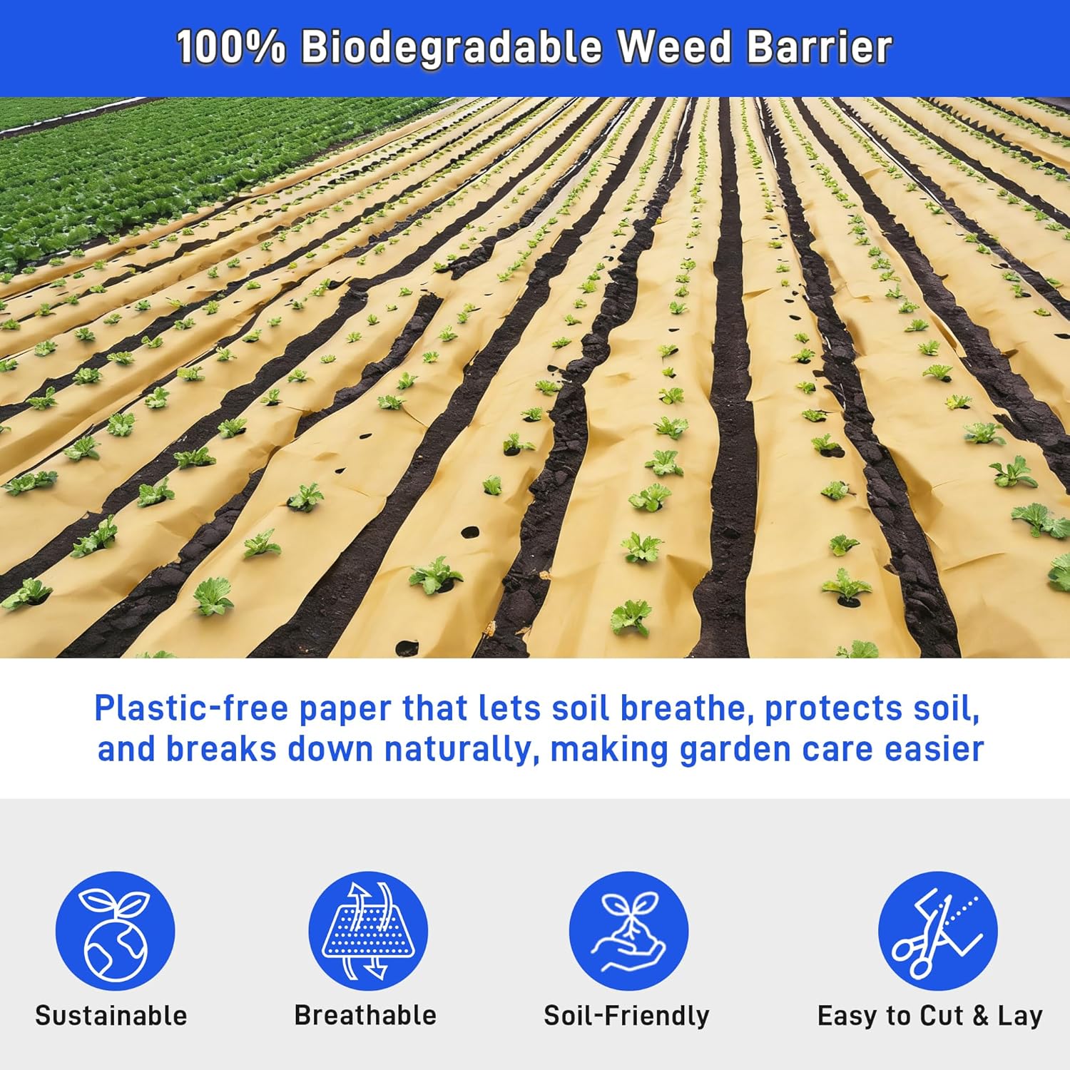 Biodegradable Paper Weed Barrier 3 x 100 Ft, Heavy Duty Garden Biodegradable Landscape Fabric Grass Paper Weed Control Barrier, Thick Kraft Paper Garden Mulch Rolls Weed Blocker for Lawn Landscaping