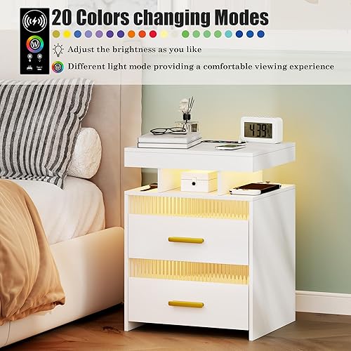 Miniatura 4 de Mesita de noche con estación de carga y luces LED, mesita de noche con 2 cajones, mesita de noche inteligente de madera, mesa auxiliar de cama