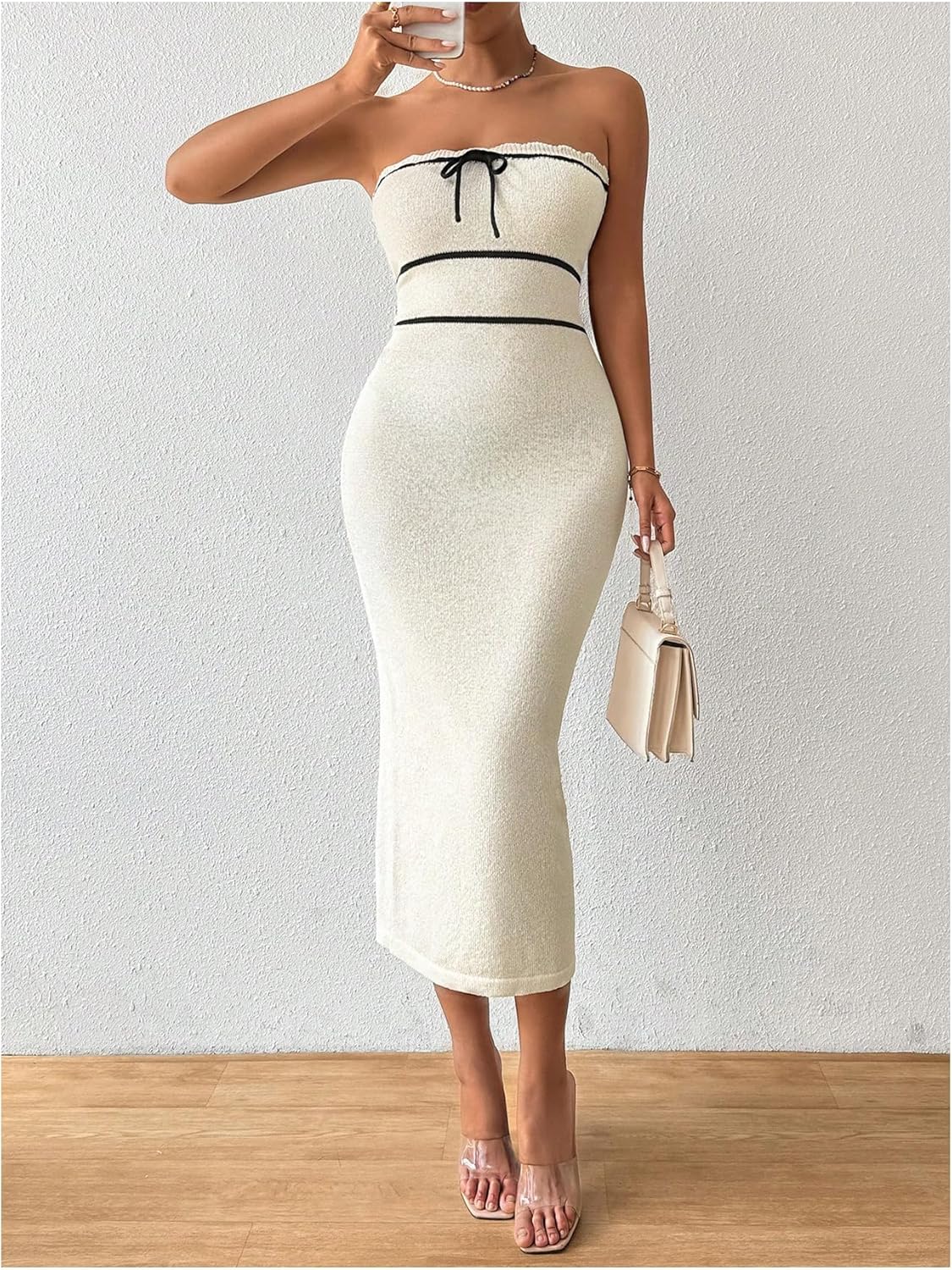 Floerns Women's Elegant Tube Bodycon Dress Bowknot Strapless Rib Knit Midi Dresses - Image 4