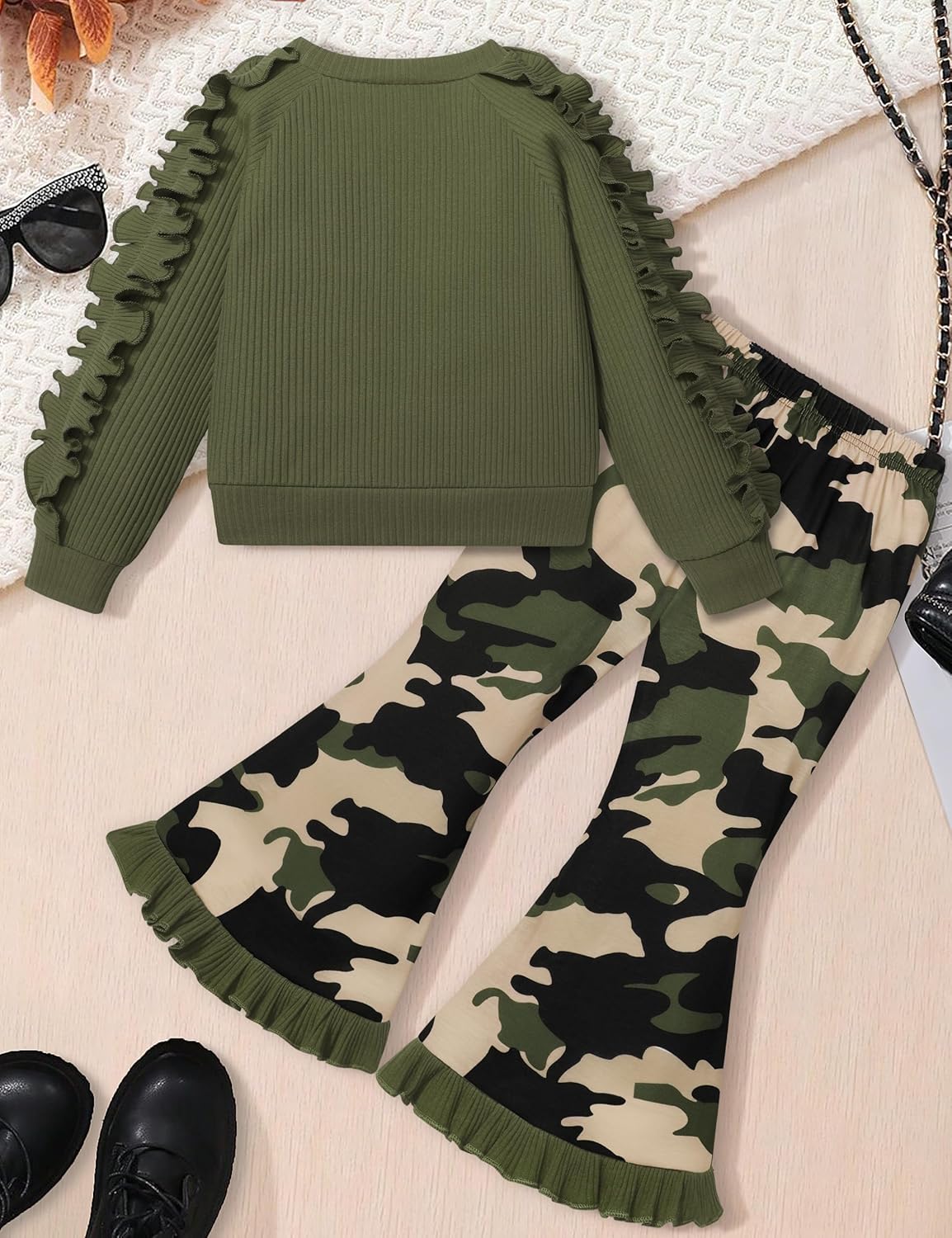 Toddler Girl Clothes Camo Girls Outfits Ruffle Sleeve Tops + Bell Bottom Flared Pants 2 Piece Winter Sweatsuit 2-10T - Image 5