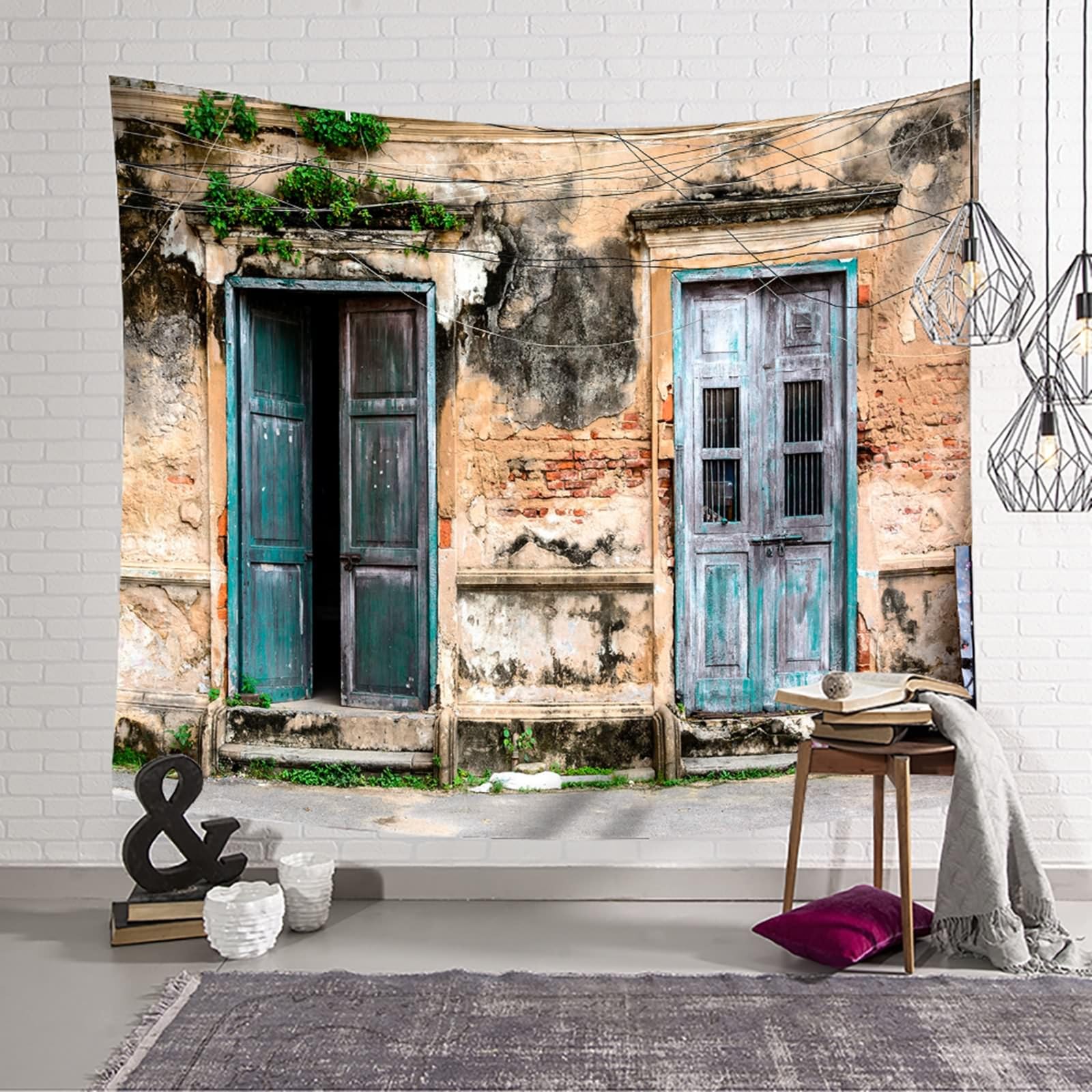 Tapiz de pared para dormitorio, 200 x 200 cm, paño de pared de madera en mal estado, para la pared, color gris y marrón