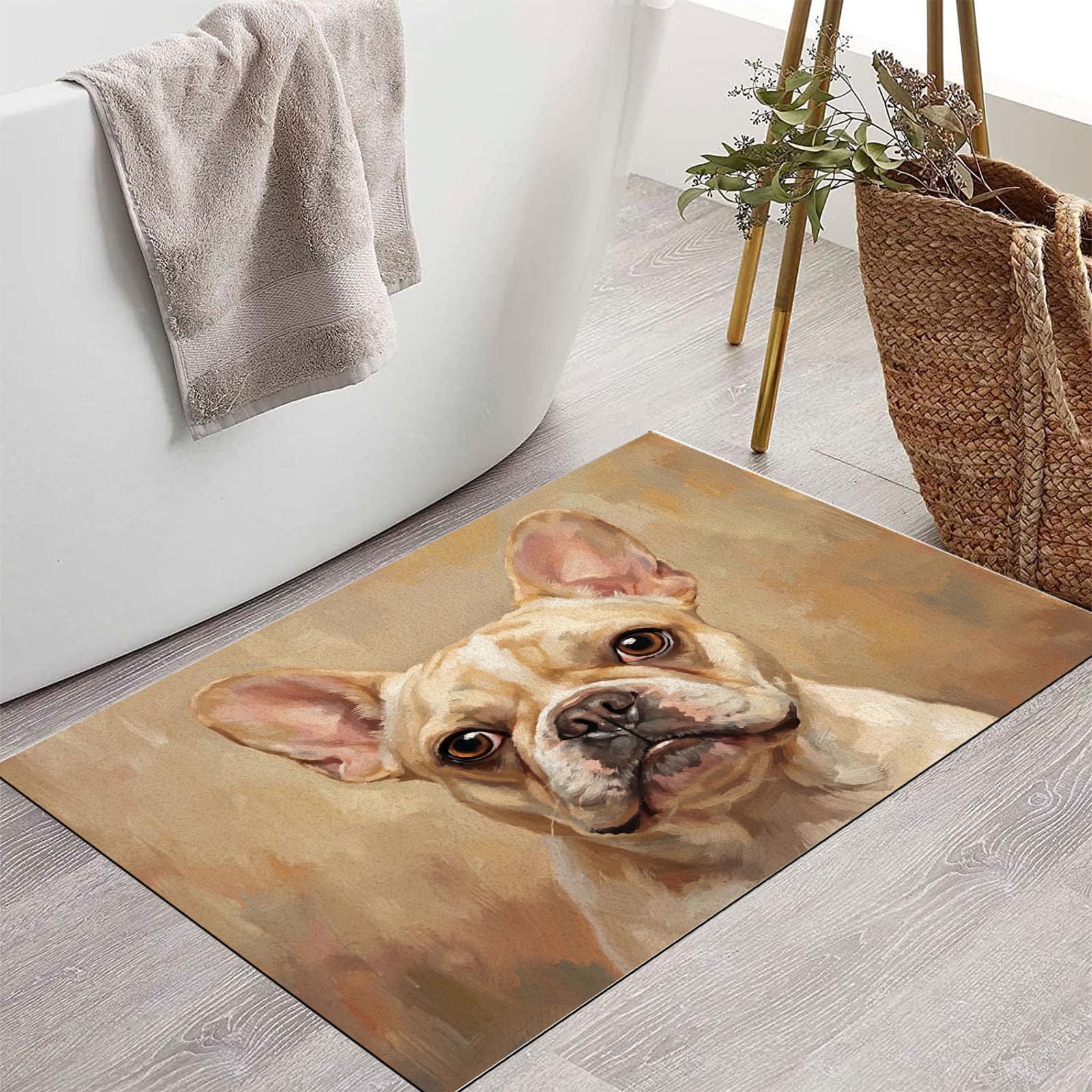 90X150Cm Zerbino Ingresso Interno Antiscivolo Assorbente, Tappeto Microfibra Sottile Lavabile Con Dipinti Antichi Animali Olio Un Adorabile Bulldog Francese Per Cucina Bagno Porta Animali, Marrone