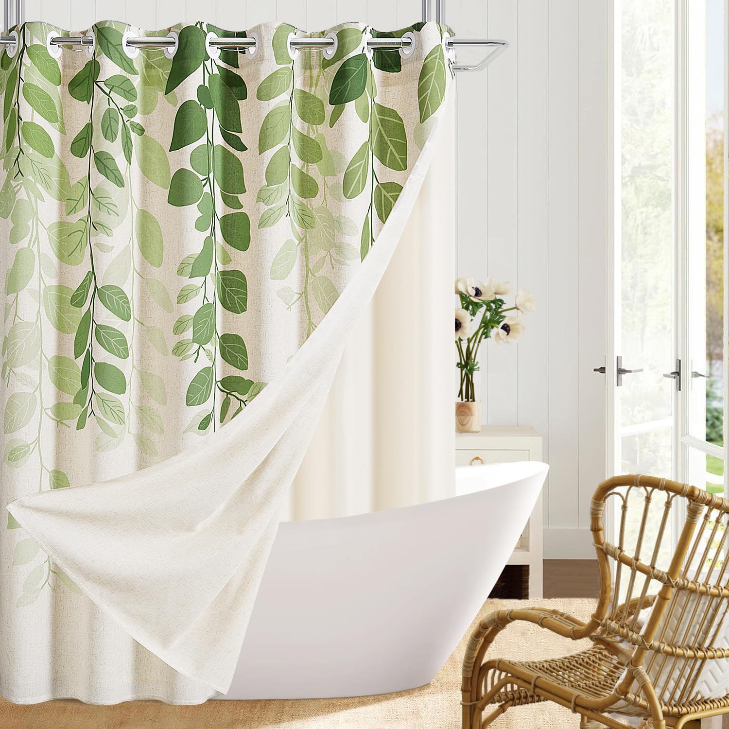 SMABU No Hooks Needed Green Shower Curtain with Liner Sage